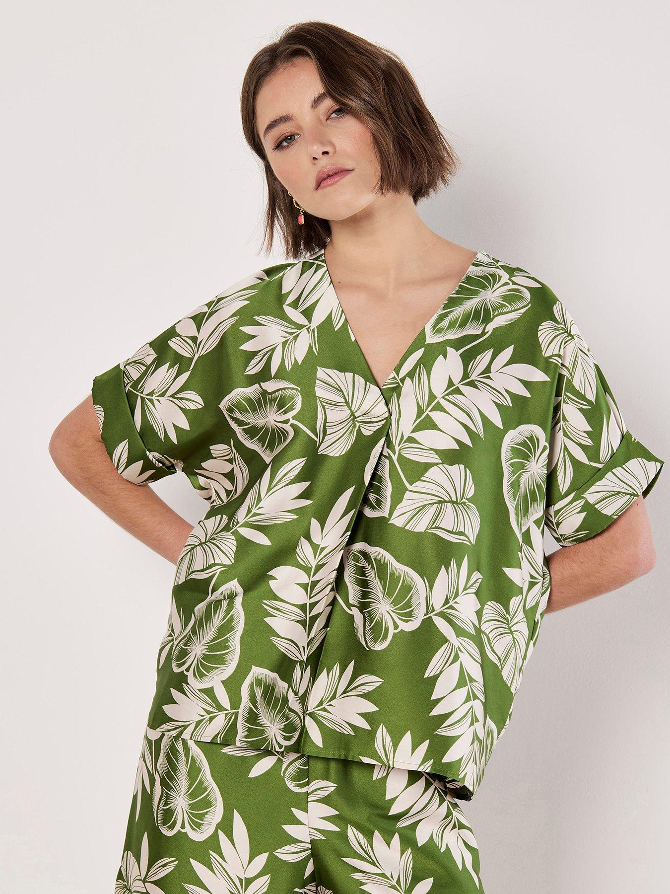 Image 1 of 4 of Apricot Leaf Print V Neck Satin Tee