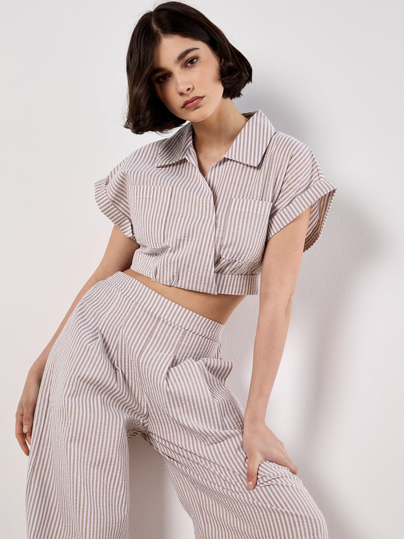 front image of apricot-stripe-seersucker-crop-top-cream