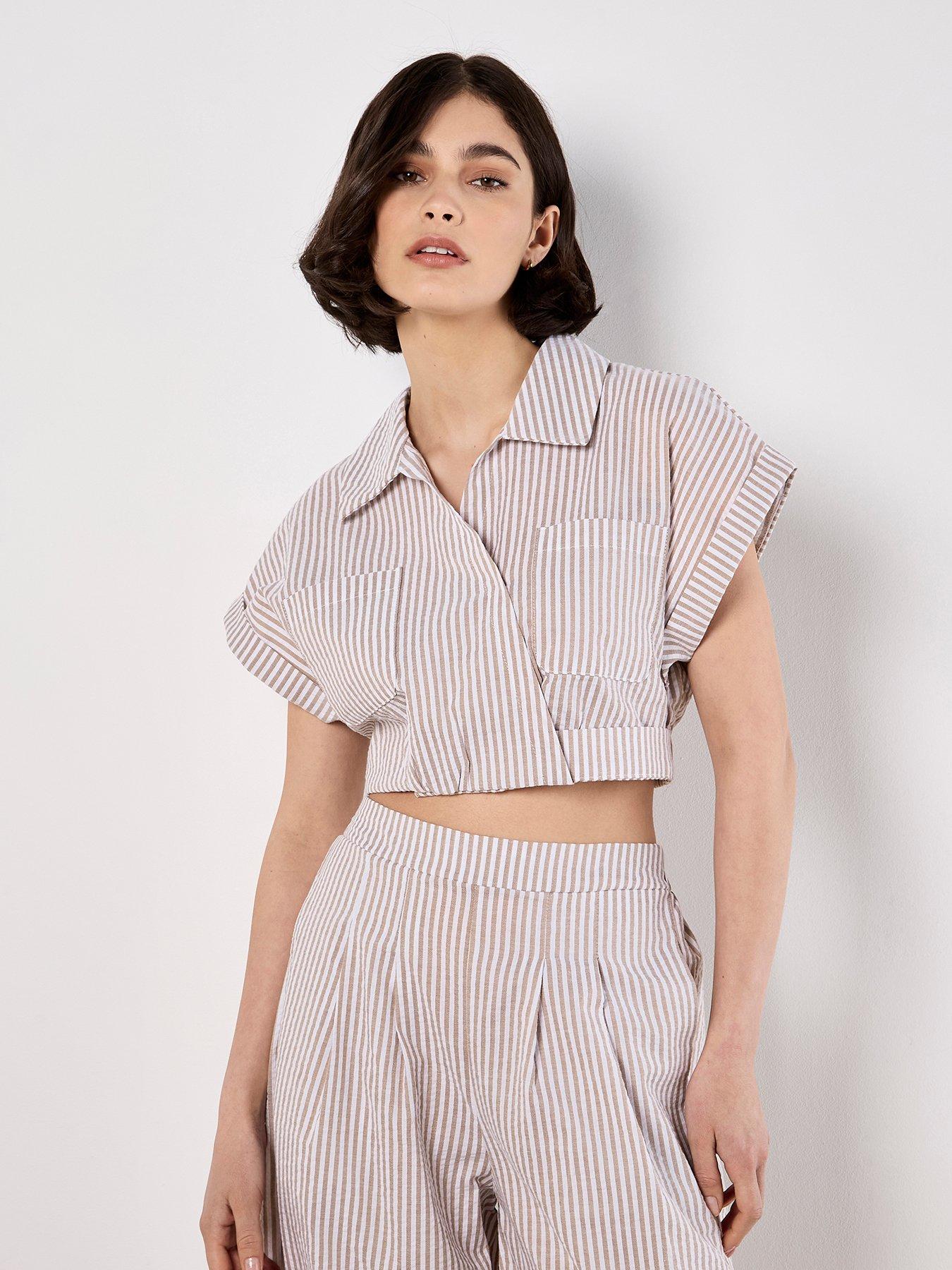  image of apricot-stripe-seersucker-crop-top-cream