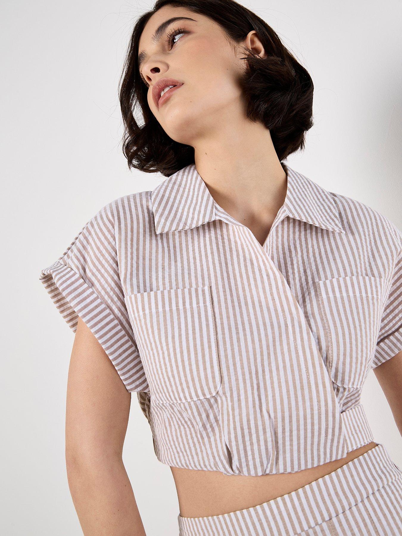  image of apricot-stripe-seersucker-crop-top-cream
