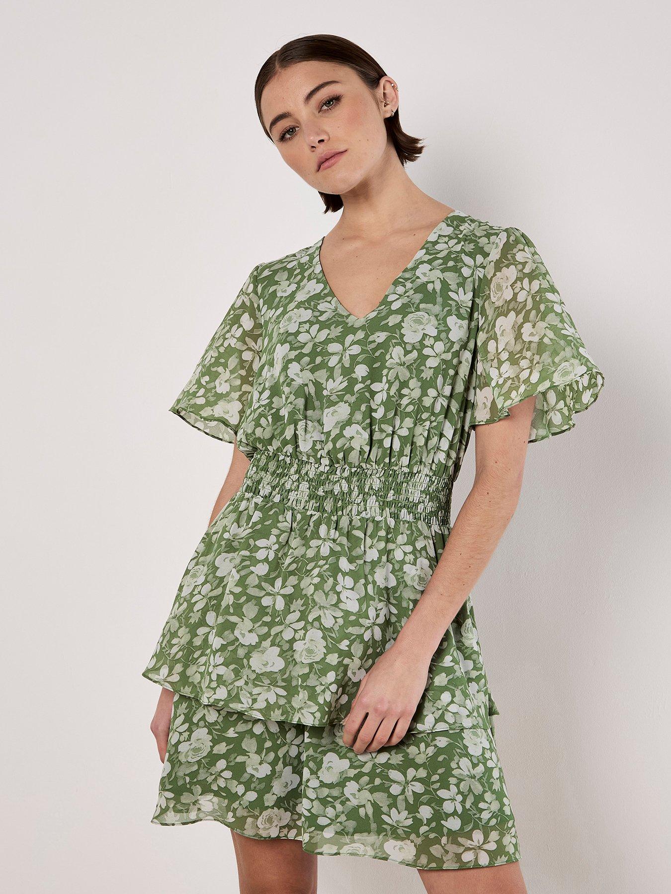 undefined Watercolour Rose Layered Mini Dress - Green
