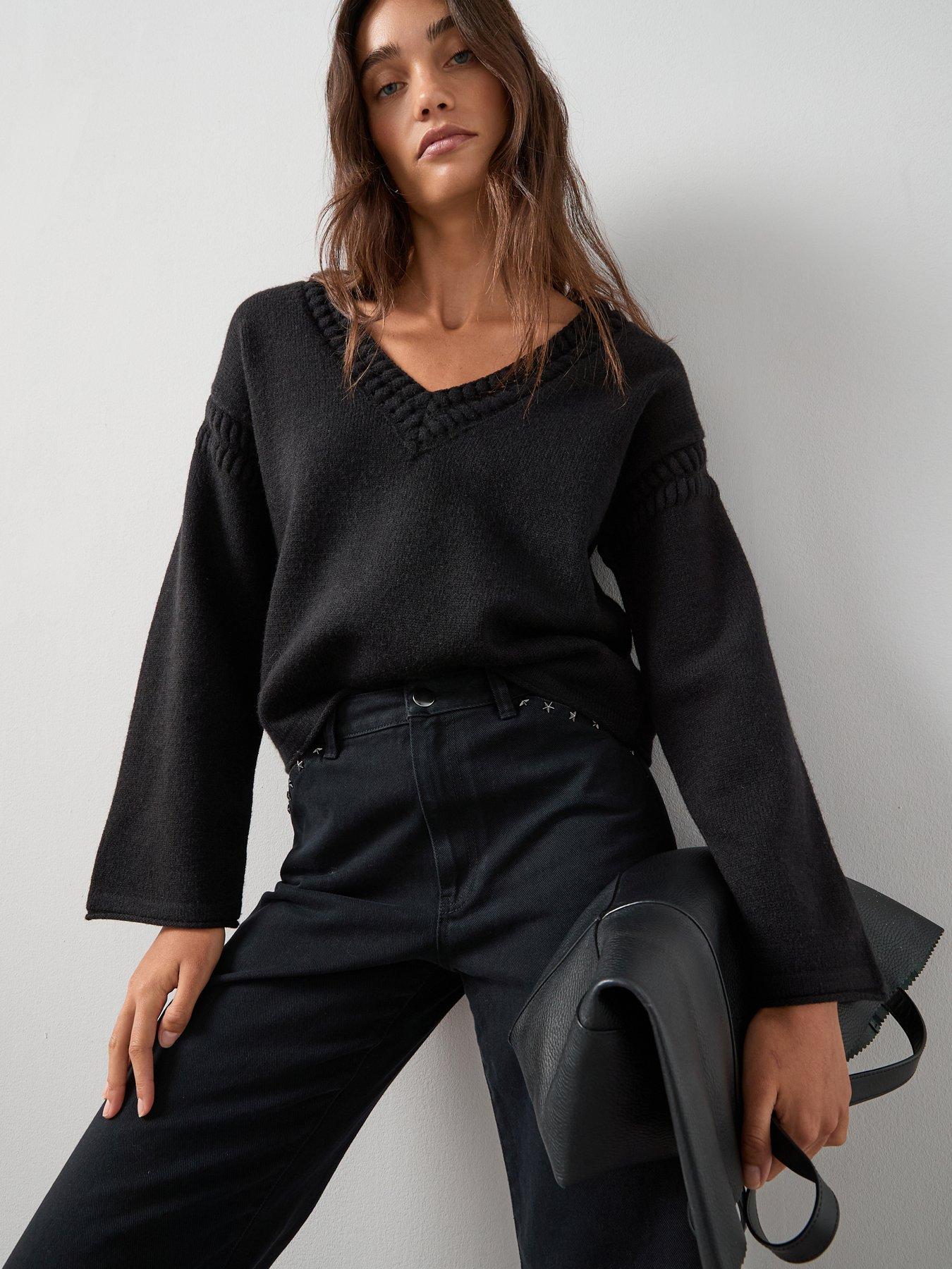 undefined V Neck Open Stitch Knitted Jumper - Black