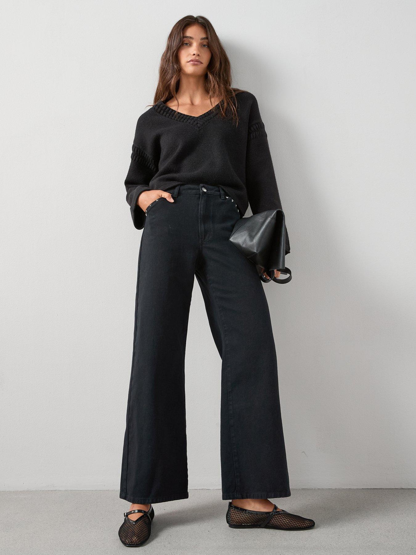 Image 3 of 7 of The Very Collection V Neck Open Stitch Knitted Jumper - Black