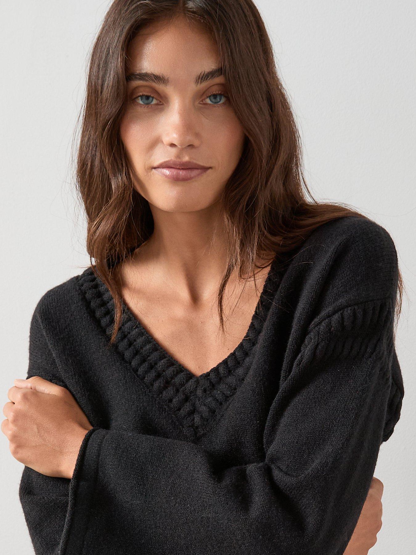 Image 5 of 7 of The Very Collection V Neck Open Stitch Knitted Jumper - Black