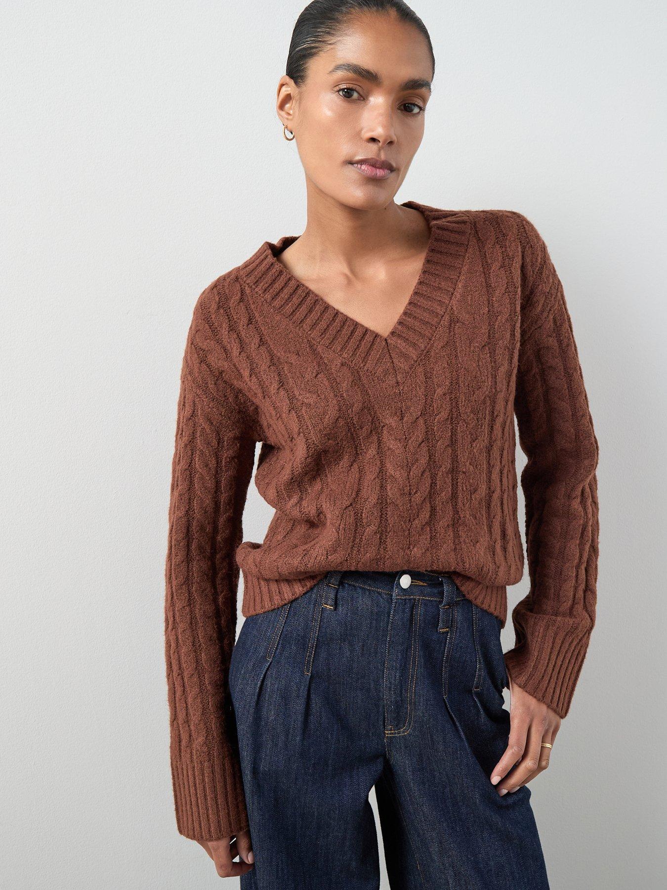 Image 1 of 6 of The Very Collection Cosy Yarn V Neck Cable Knit Jumper With Wool - Brown