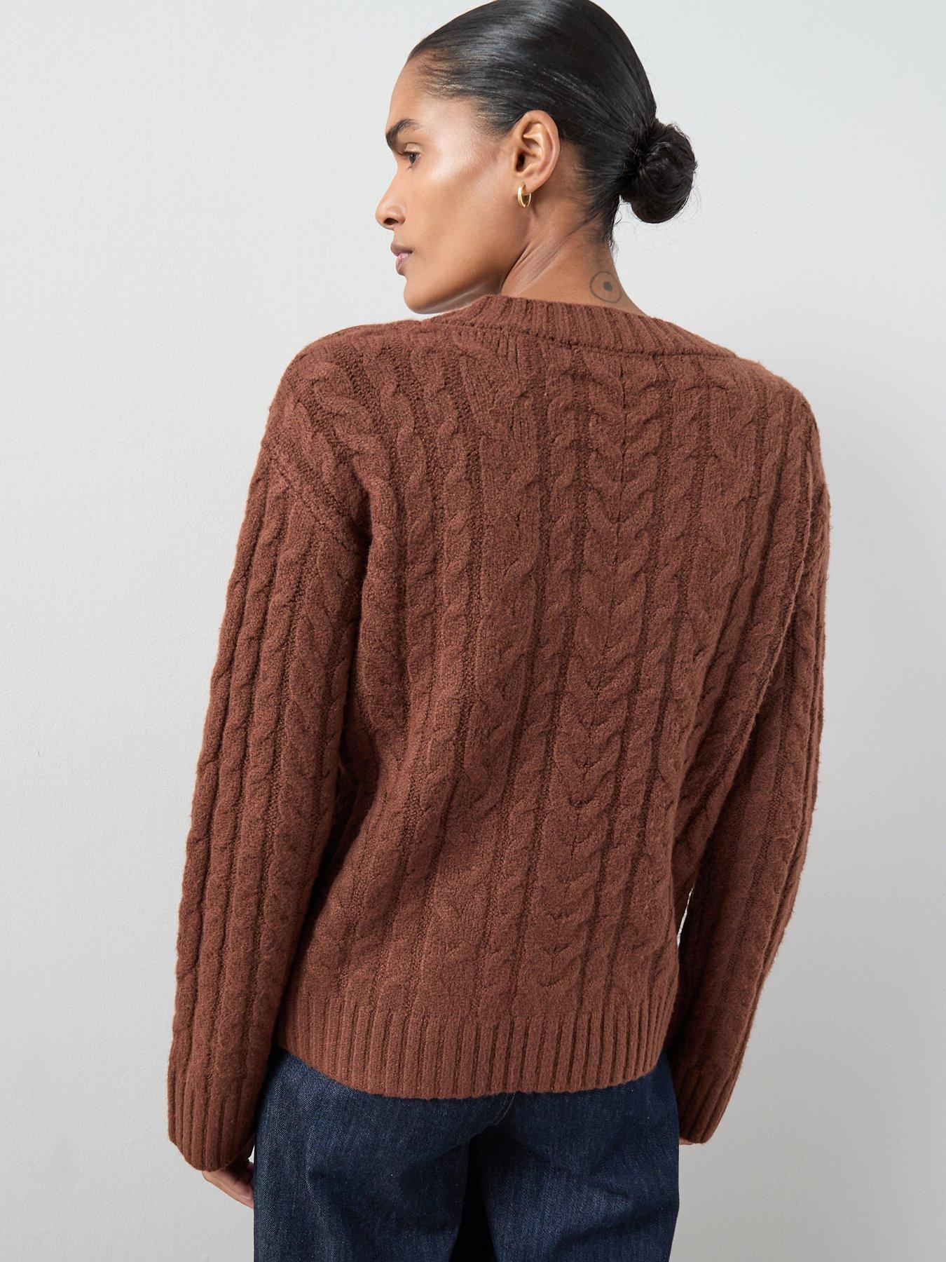 Image 2 of 6 of The Very Collection Cosy Yarn V Neck Cable Knit Jumper With Wool - Brown