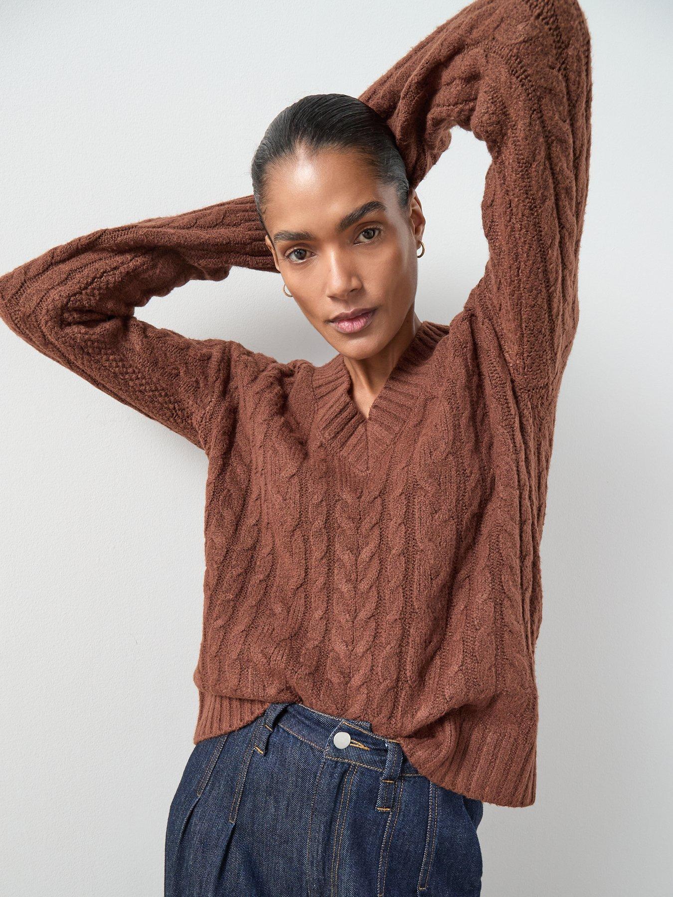 Image 5 of 6 of The Very Collection Cosy Yarn V Neck Cable Knit Jumper With Wool - Brown