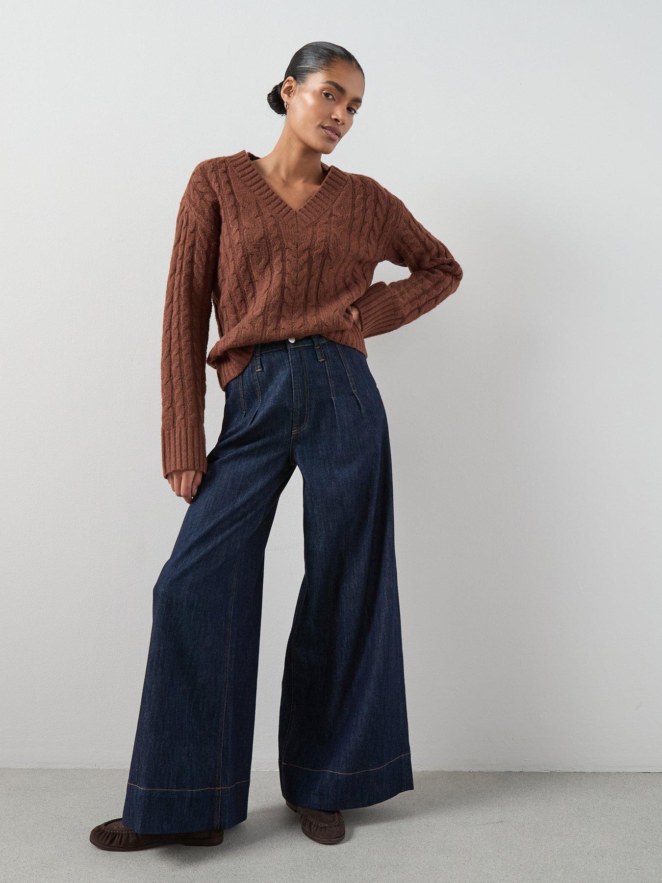 Image 6 of 6 of The Very Collection Cosy Yarn V Neck Cable Knit Jumper With Wool - Brown