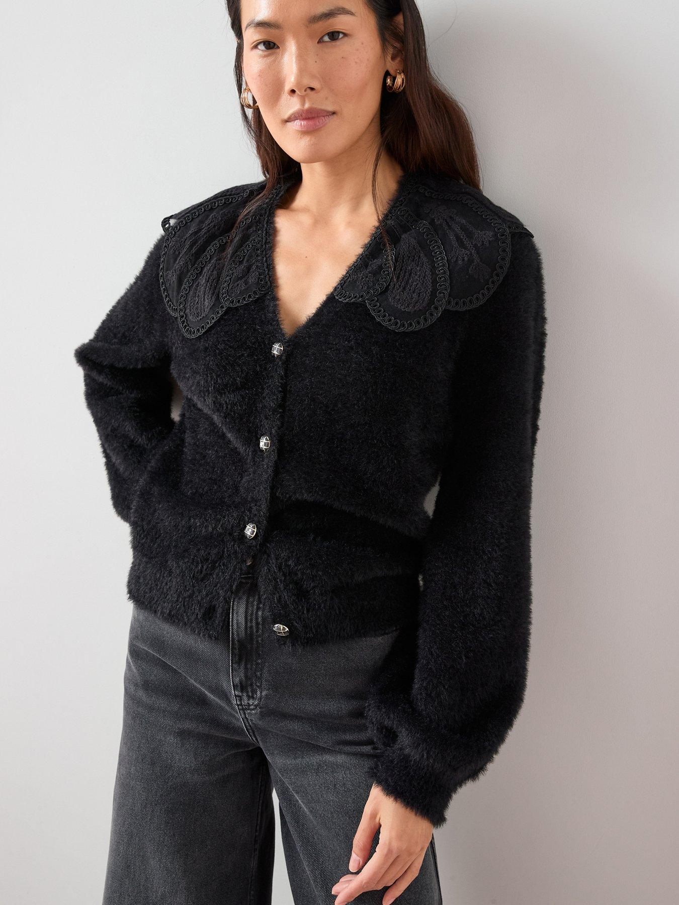  image of the-very-collection-organza-collared-v-neck-cardigan-black