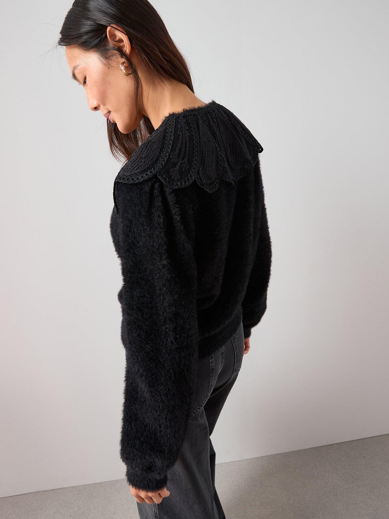  image of the-very-collection-organza-collared-v-neck-cardigan-black