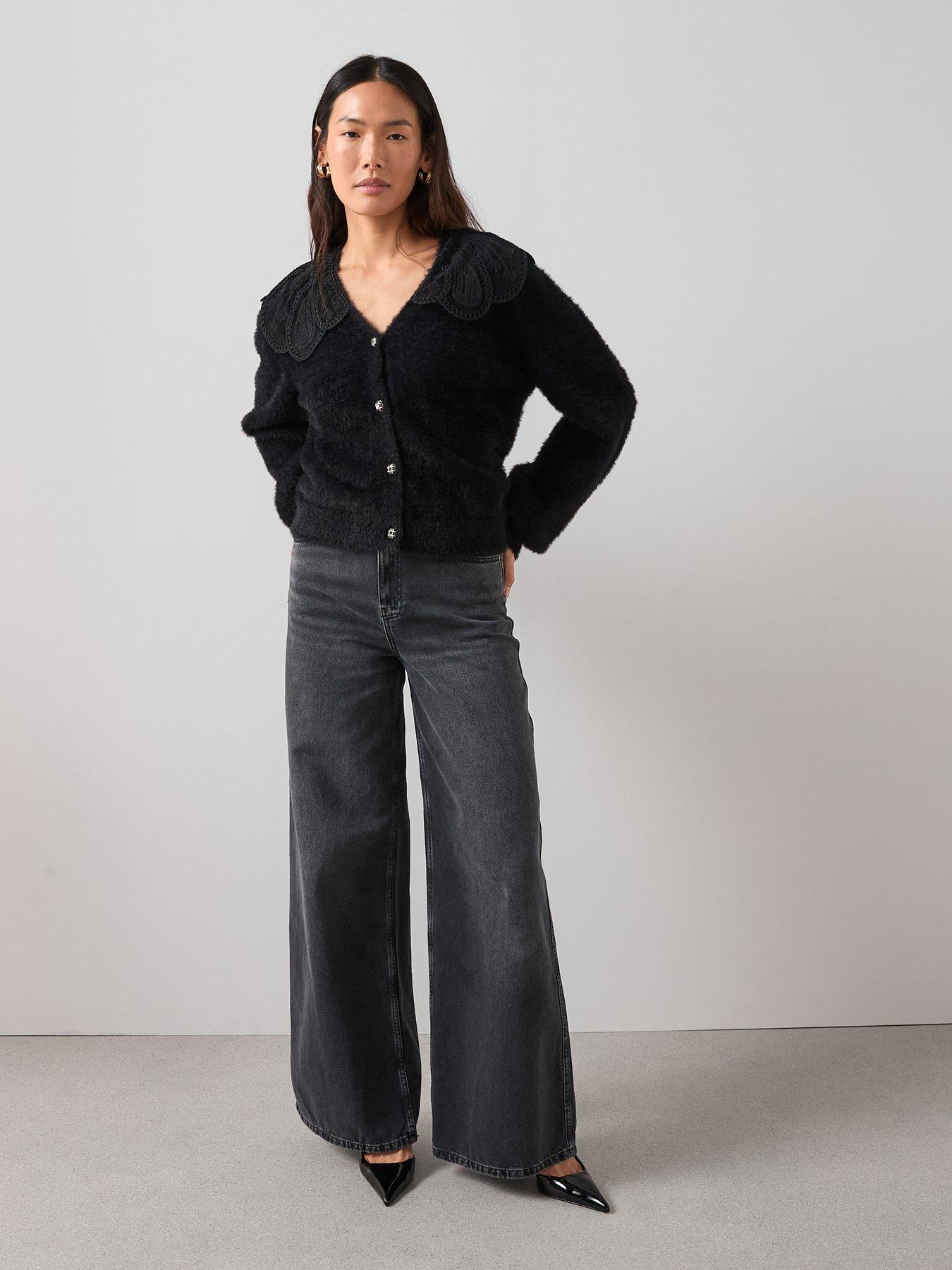  image of the-very-collection-organza-collared-v-neck-cardigan-black