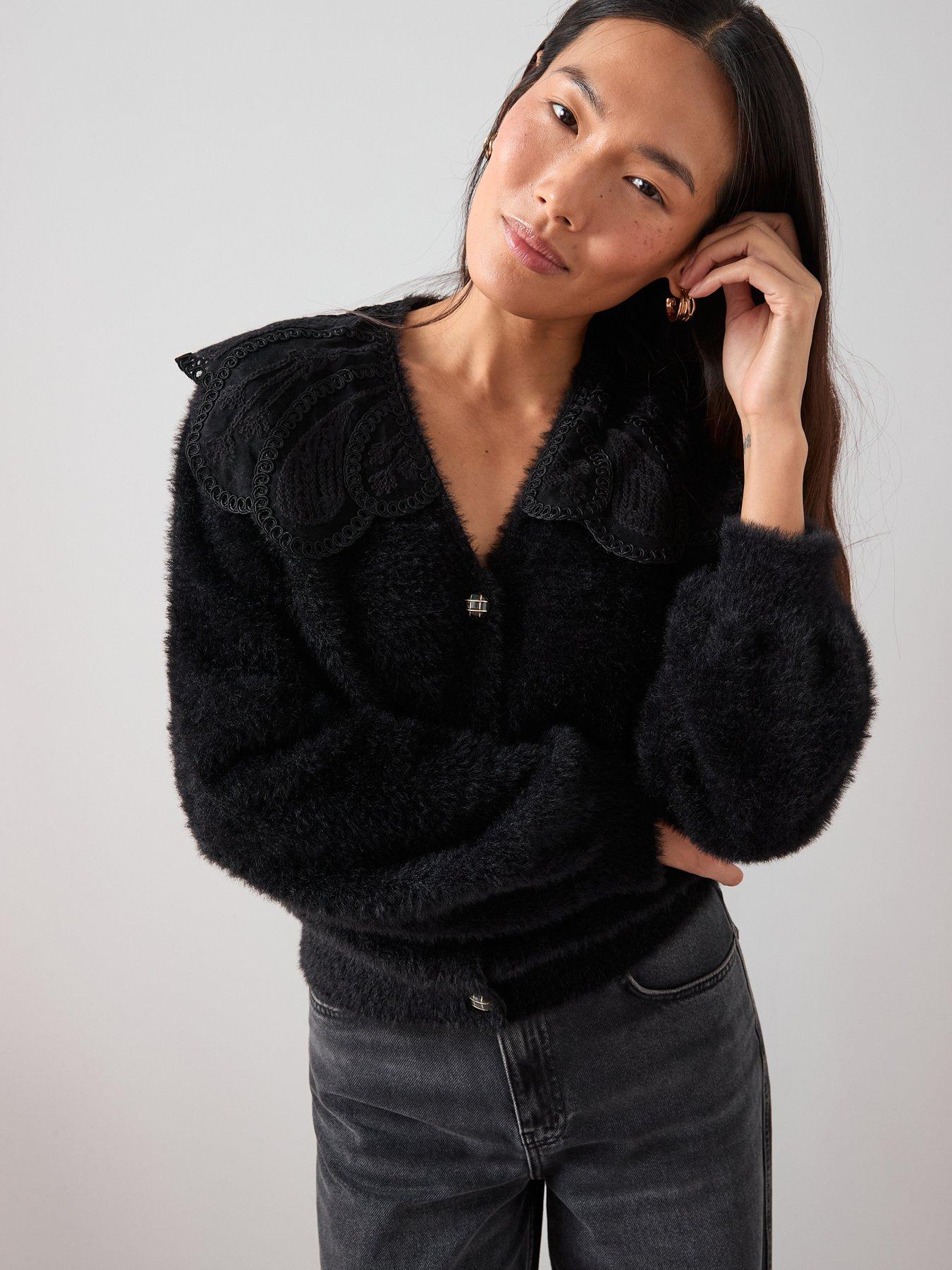  image of the-very-collection-organza-collared-v-neck-cardigan-black