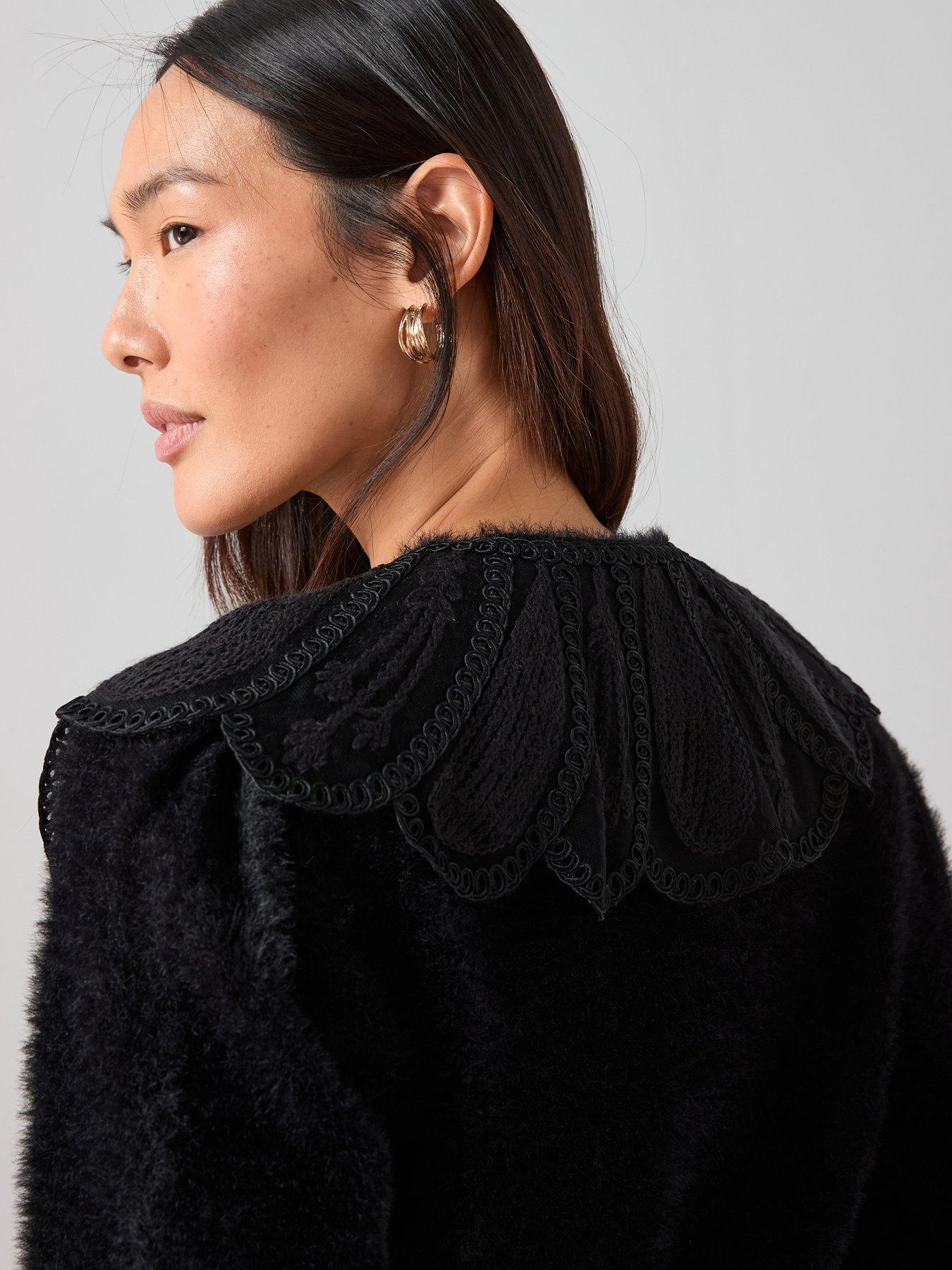  image of the-very-collection-organza-collared-v-neck-cardigan-black