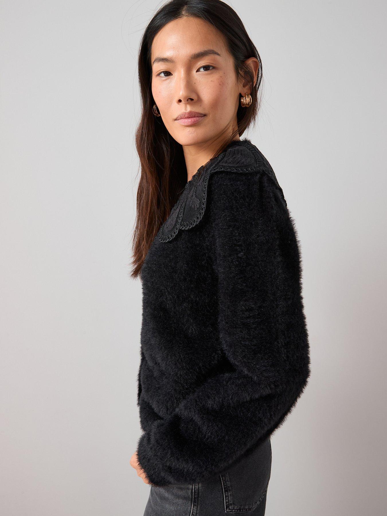  image of the-very-collection-organza-collared-v-neck-cardigan-black