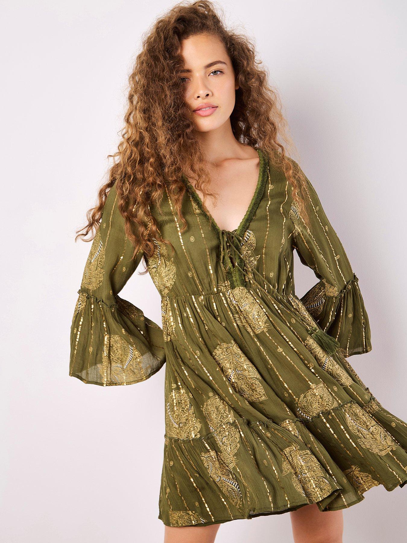 undefined Watercolour Floral Tiered Mini Dress- Green/Gold