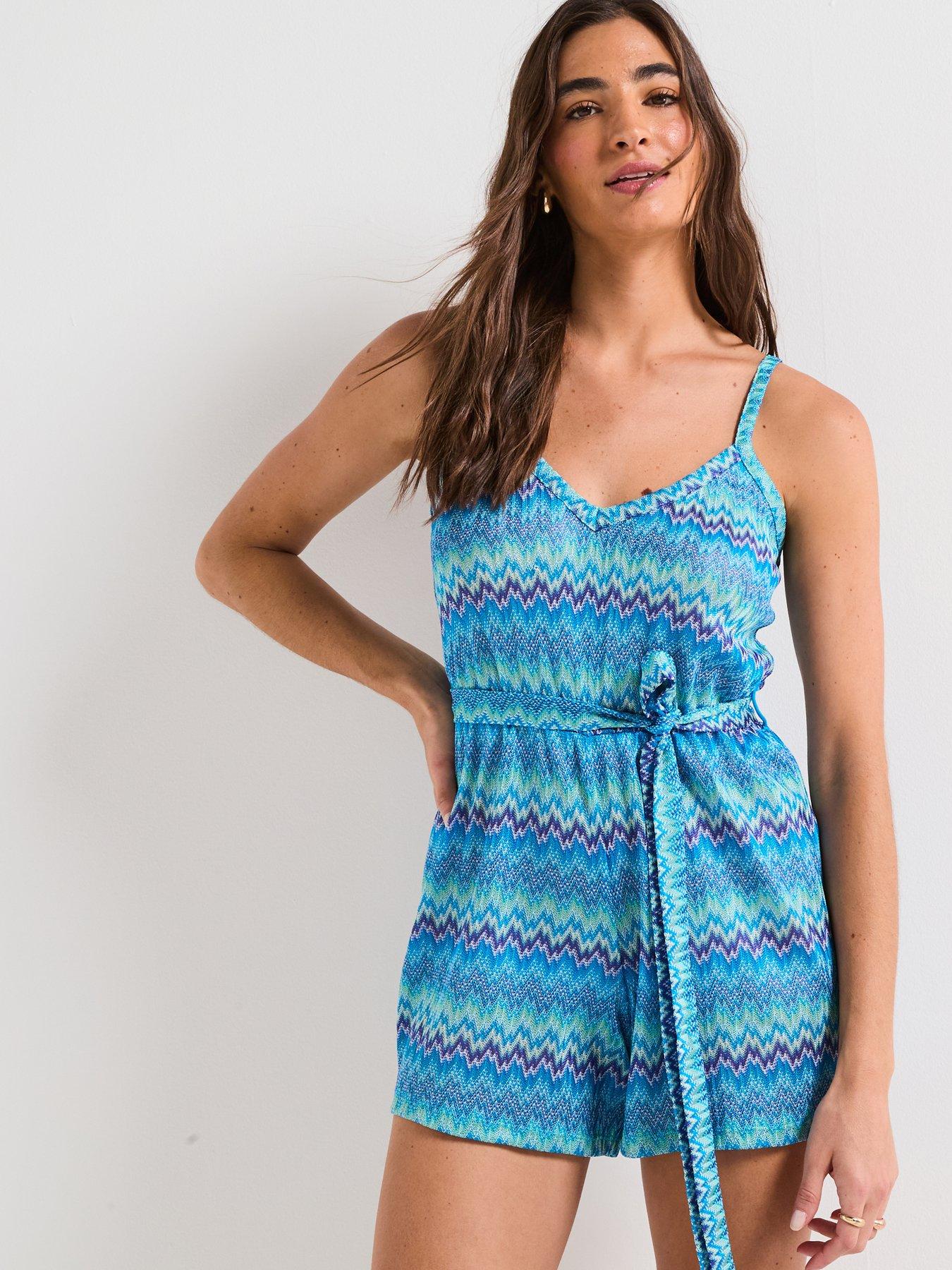 undefined Chevron Tie Waist Playsuit - Blue