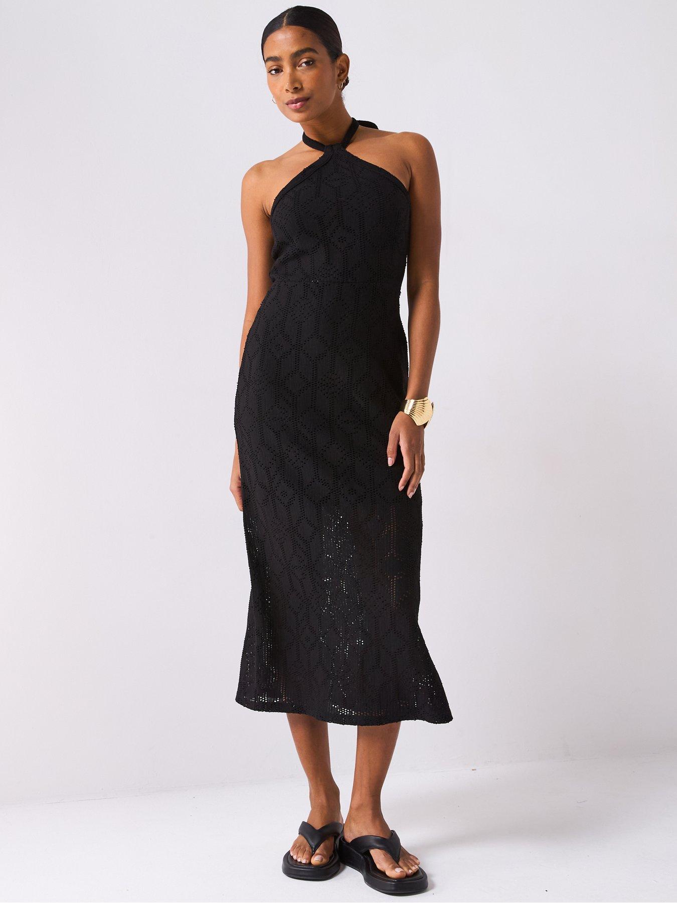 front image of v-by-very-halterneck-crochet-midaxi-dress-black