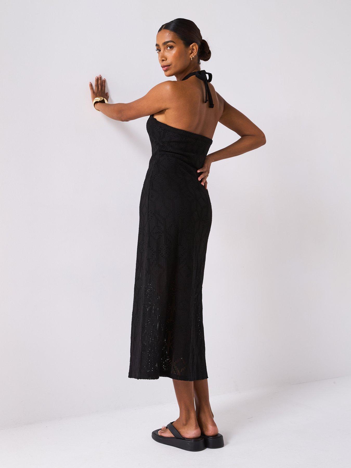 stillFront image of v-by-very-halterneck-crochet-midaxi-dress-black