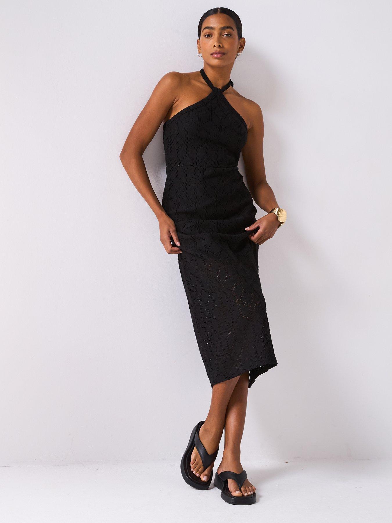  image of v-by-very-halterneck-crochet-midaxi-dress-black