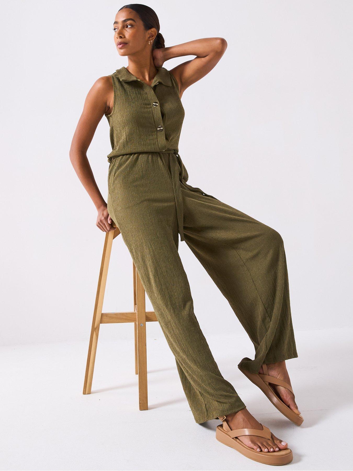 V by Very Textured Sleeveless Wide Leg Jumpsuit - Khaki