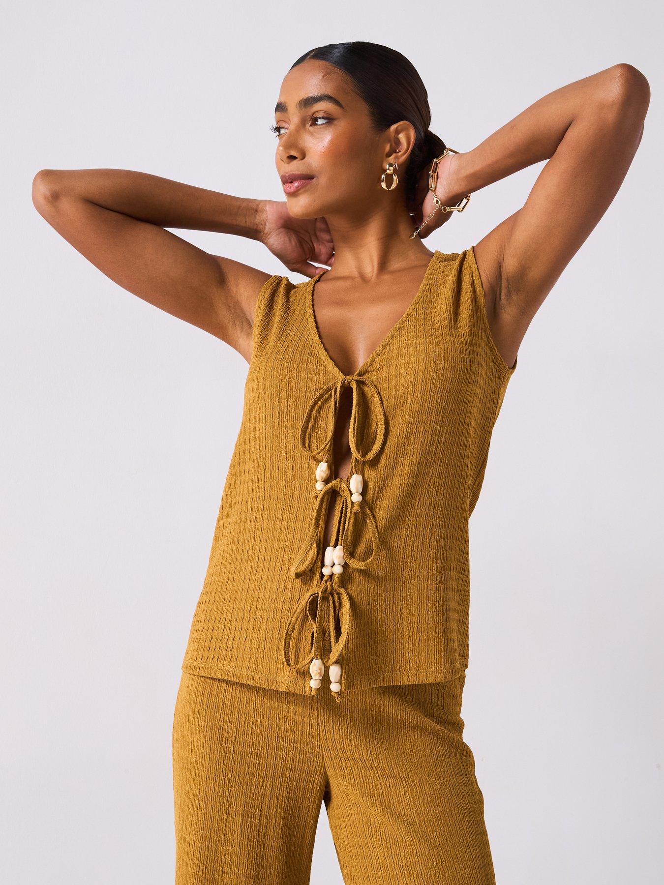 undefined Bead Detail Tie Up Textured Top Co-Ord - Yellow