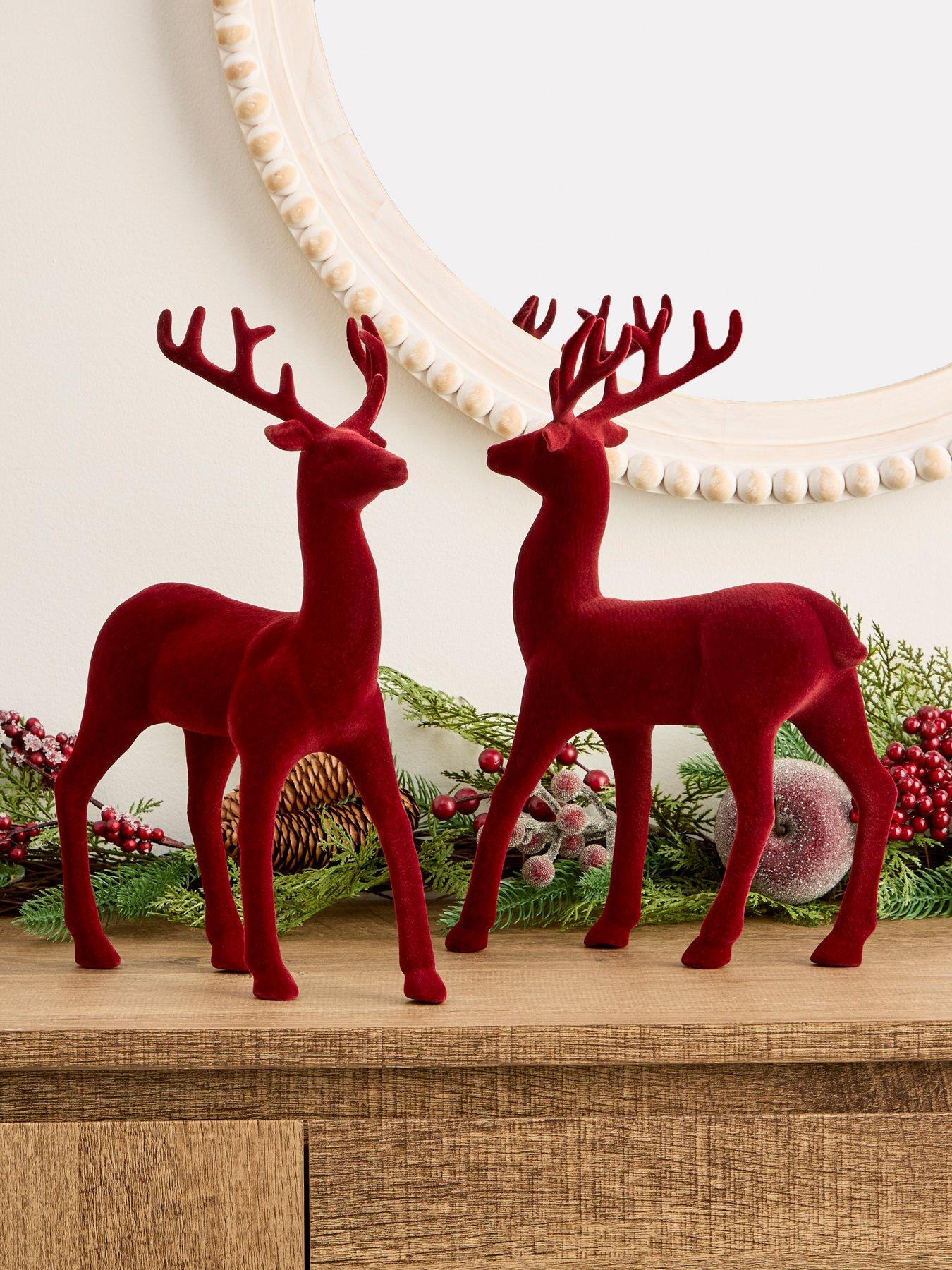 undefined Set of 2 Red Flocked Standing Reindeer Christmas Decorations - Red