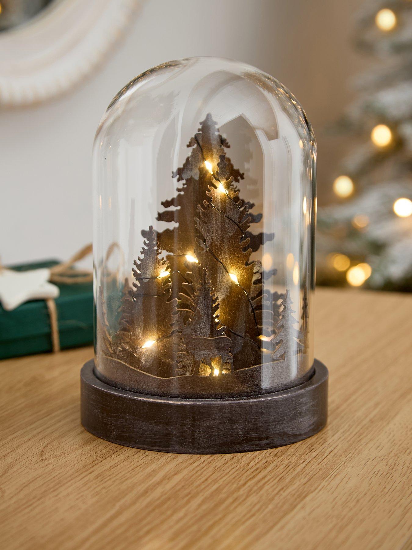 Image 1 of 4 of Very Home Wood Effect Light Up Cloche with Tree Scene Christmas Decoration