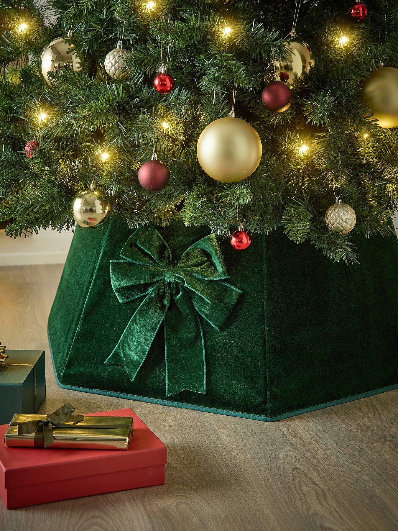 undefined Green Velvet Christmas Tree Skirt with Bow Detail