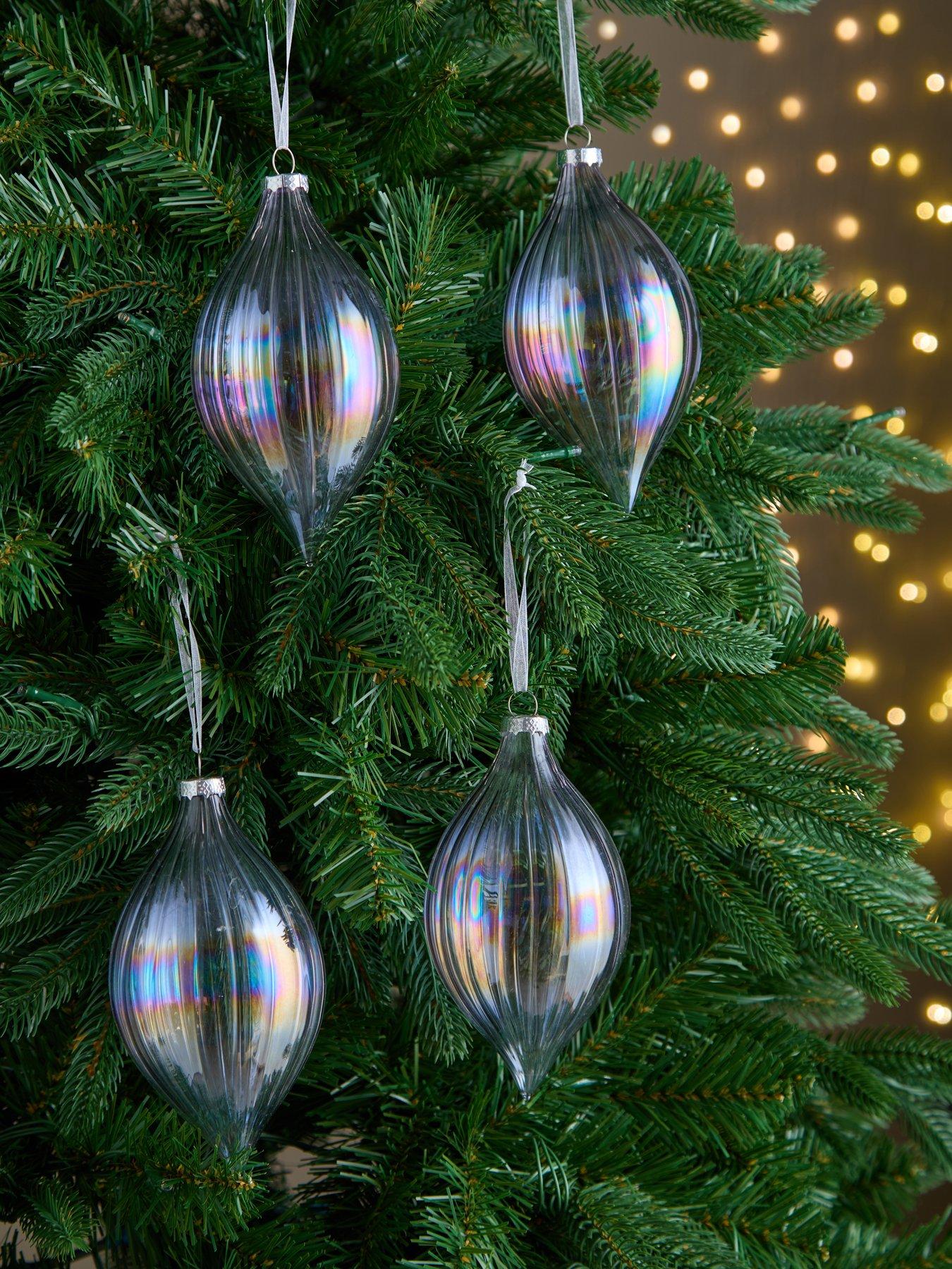 Very Home Set of 4 Ribbed Glass Teardrop Christmas Tree Baubles