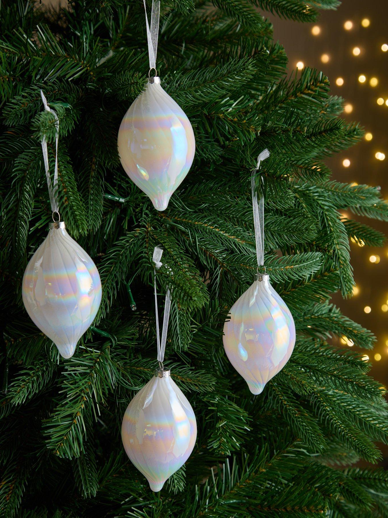 undefined Set of 4 White Iridescent Waved Glass Teardrop Christmas Tree Baubles