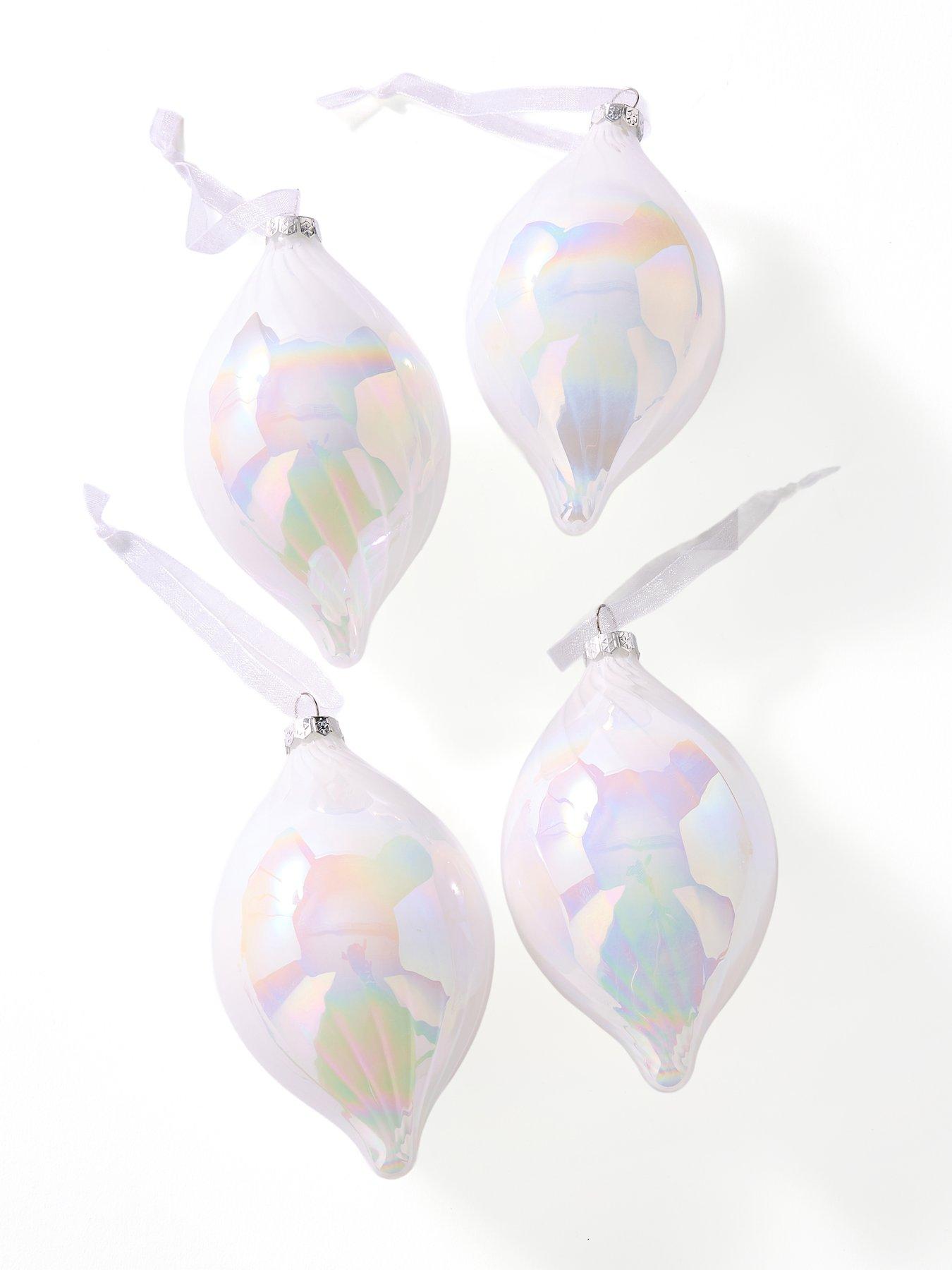 Image 2 of 3 of Very Home Set of 4 White Iridescent Waved Glass Teardrop Christmas Tree Baubles