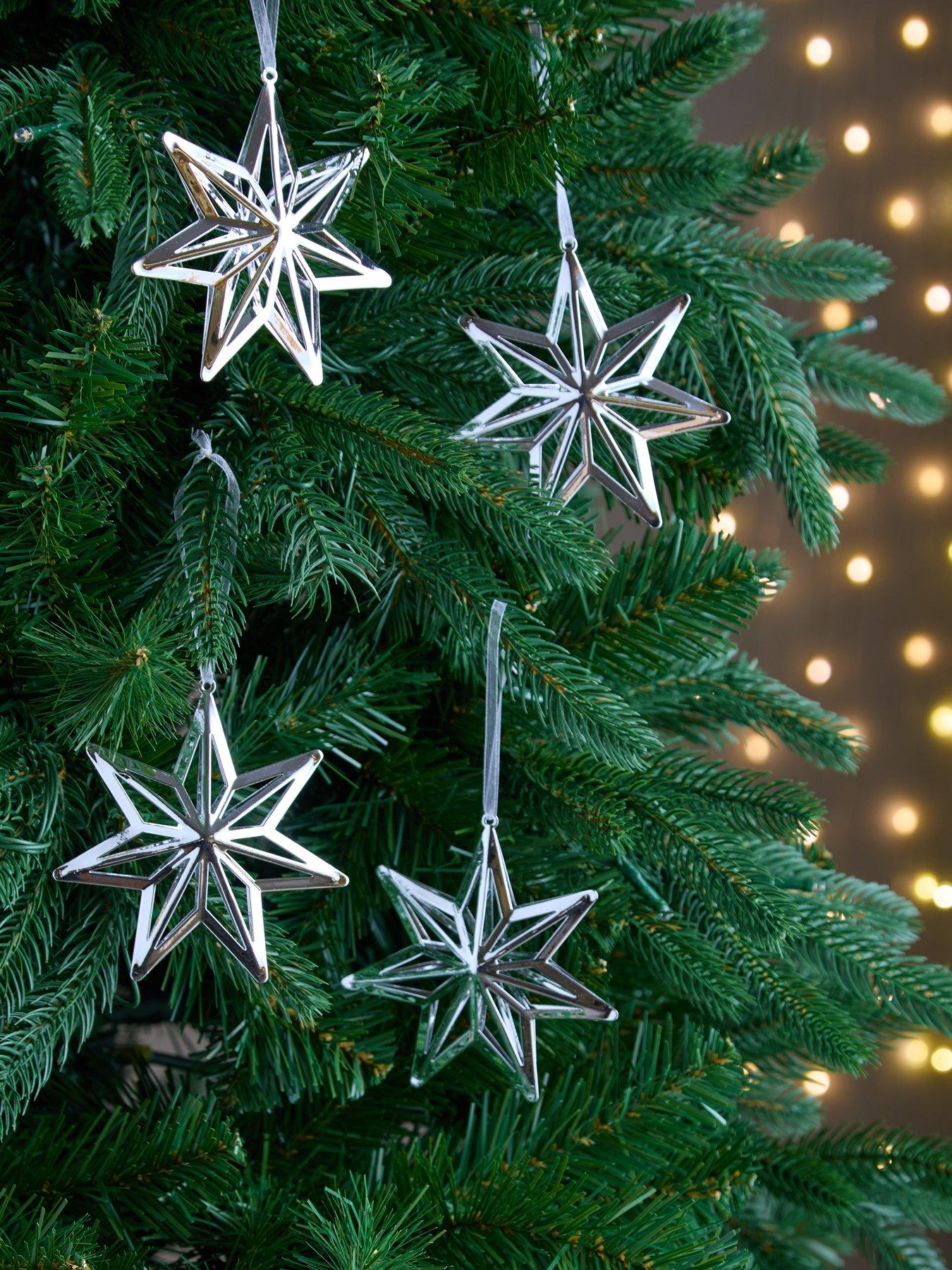 Very Home Set of 4 Silver Metal Star Hanging Christmas Tree Decorations ...