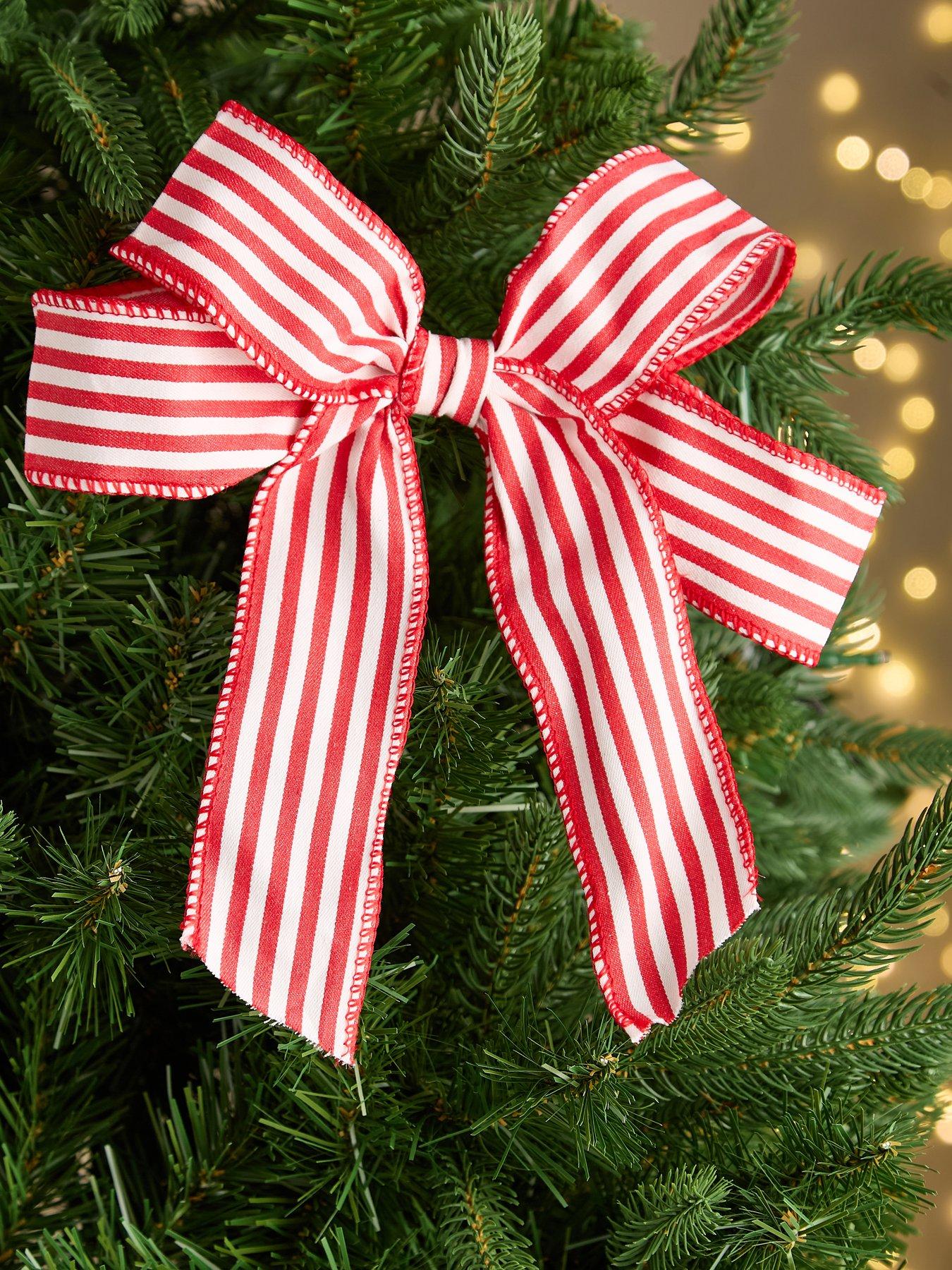 undefined Set of 6 Red/White Striped Christmas Tree Bows with Clip