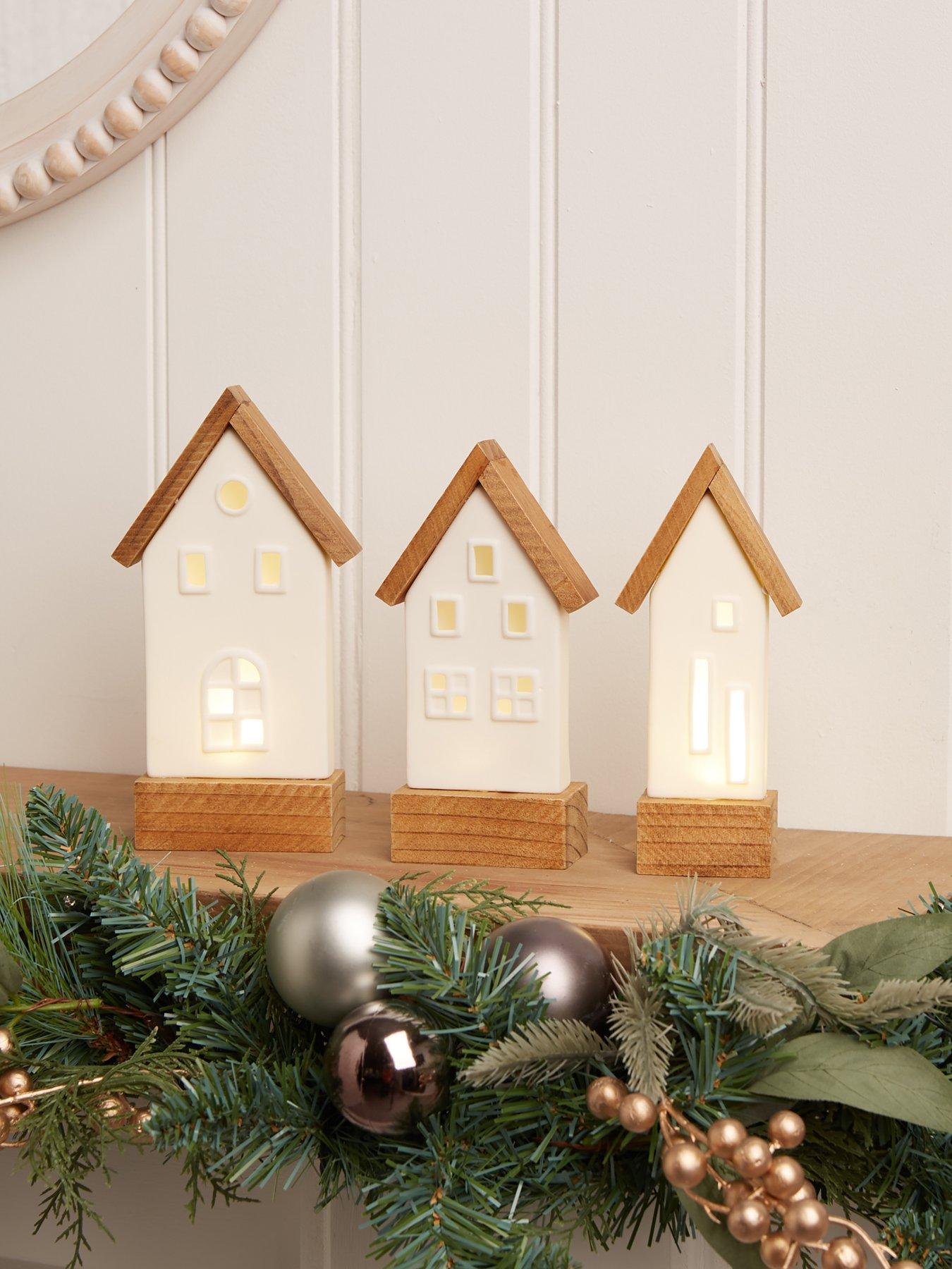 undefined Set of 3 Ceramic  &  Wood LED House Christmas Decorations