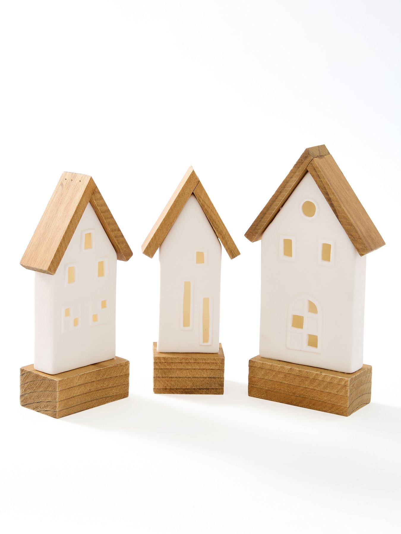 Image 2 of 6 of Very Home Set of 3 Ceramic &amp; Wood LED&nbsp;House Christmas Decorations