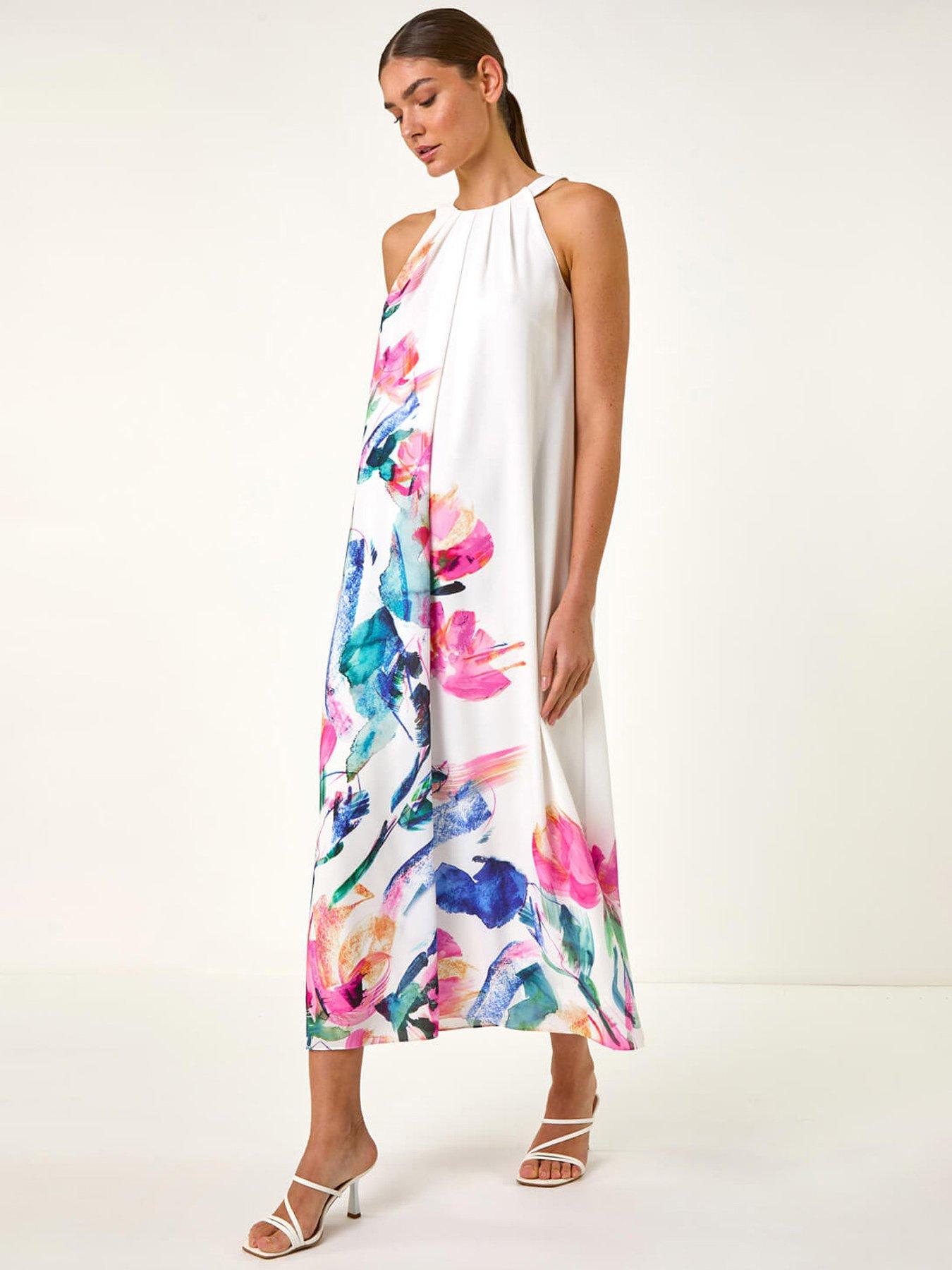 undefined Floral Placement Halter Neck Midi Dress - Pink