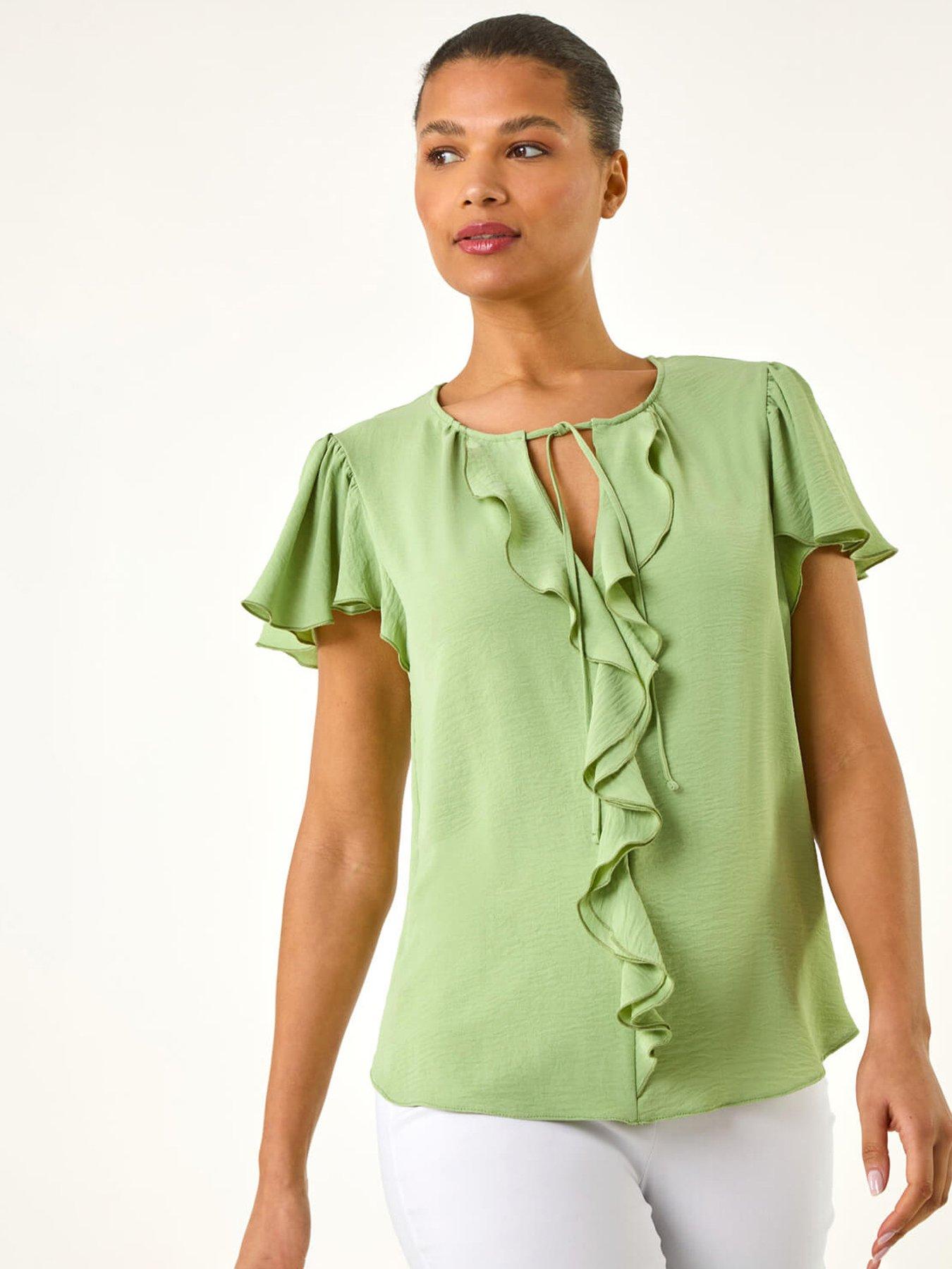 undefined Frilled Sleeve Tie Front Top - Mint
