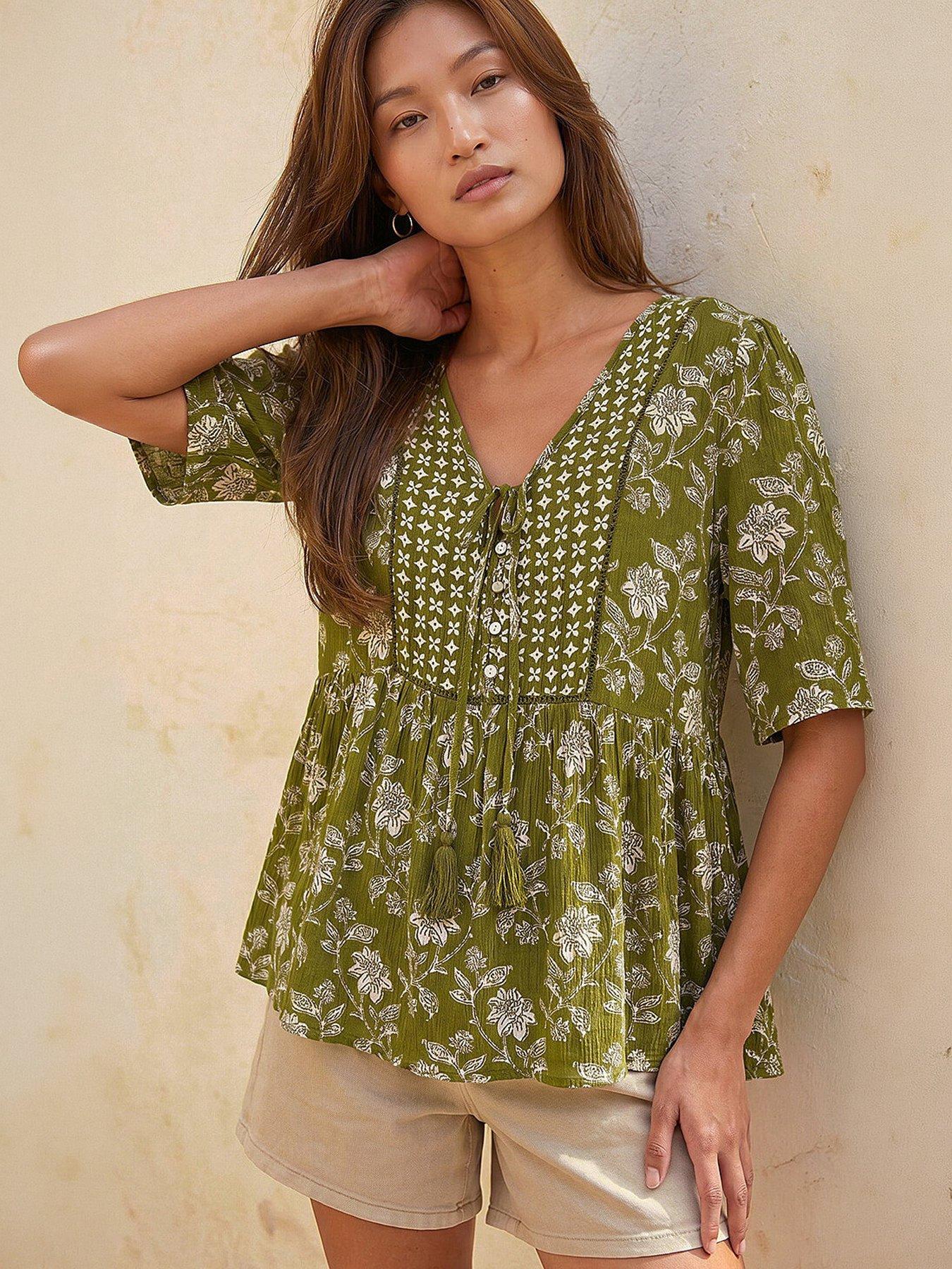 Roman Floral Print Tassel Tunic Top - Olive