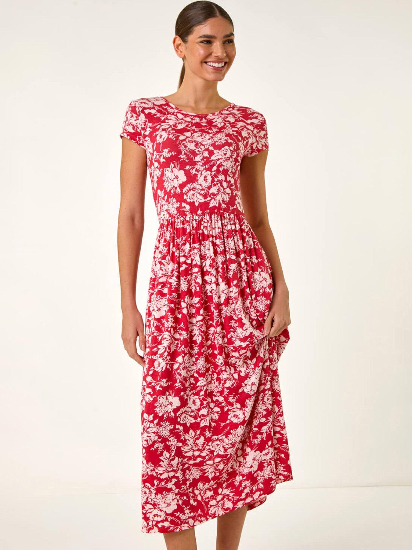 undefined Floral Print Stretch Midi Dress - Red