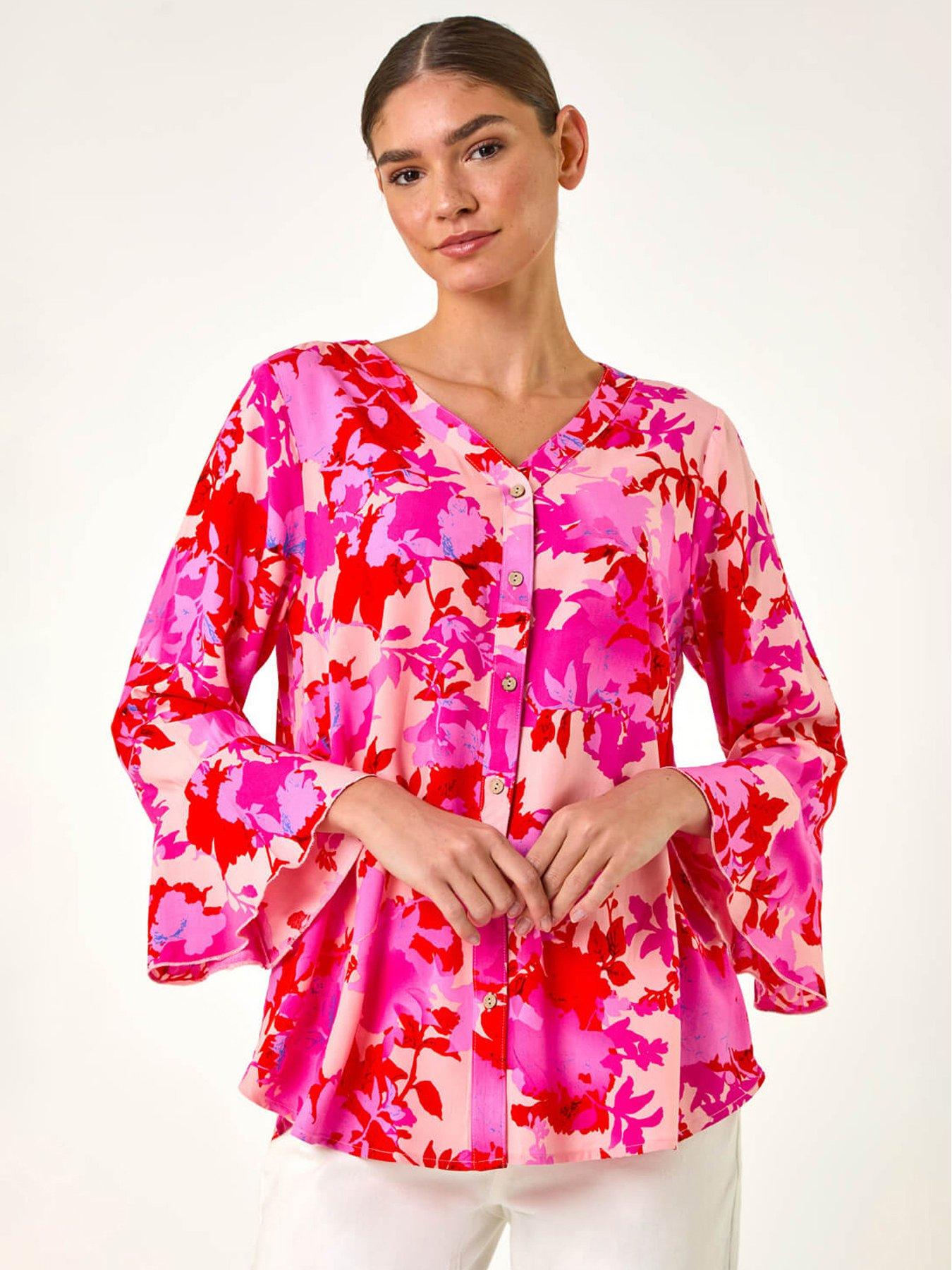 front image of roman-floral-print-flare-sleeve-blouse-pink