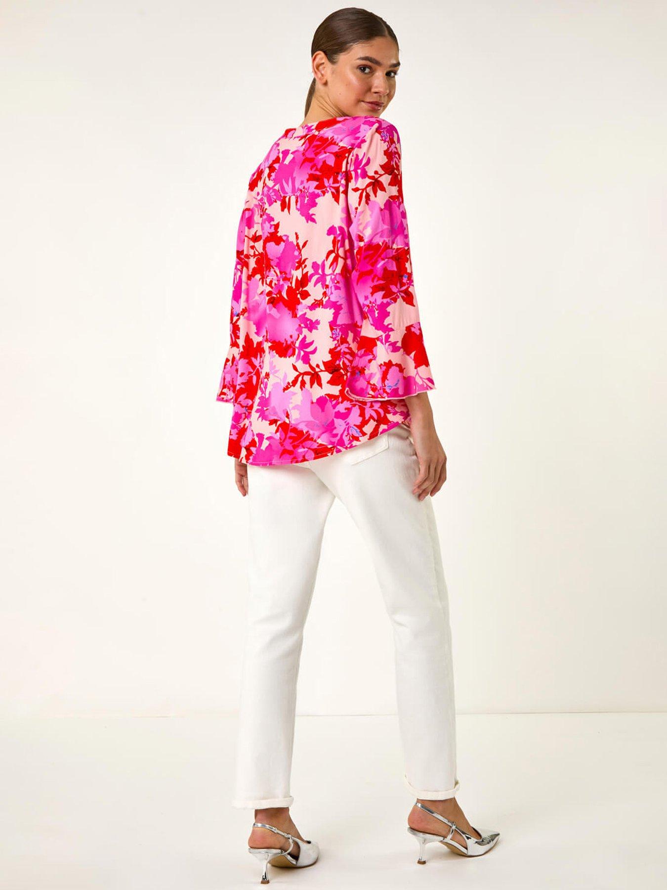 stillFront image of roman-floral-print-flare-sleeve-blouse-pink