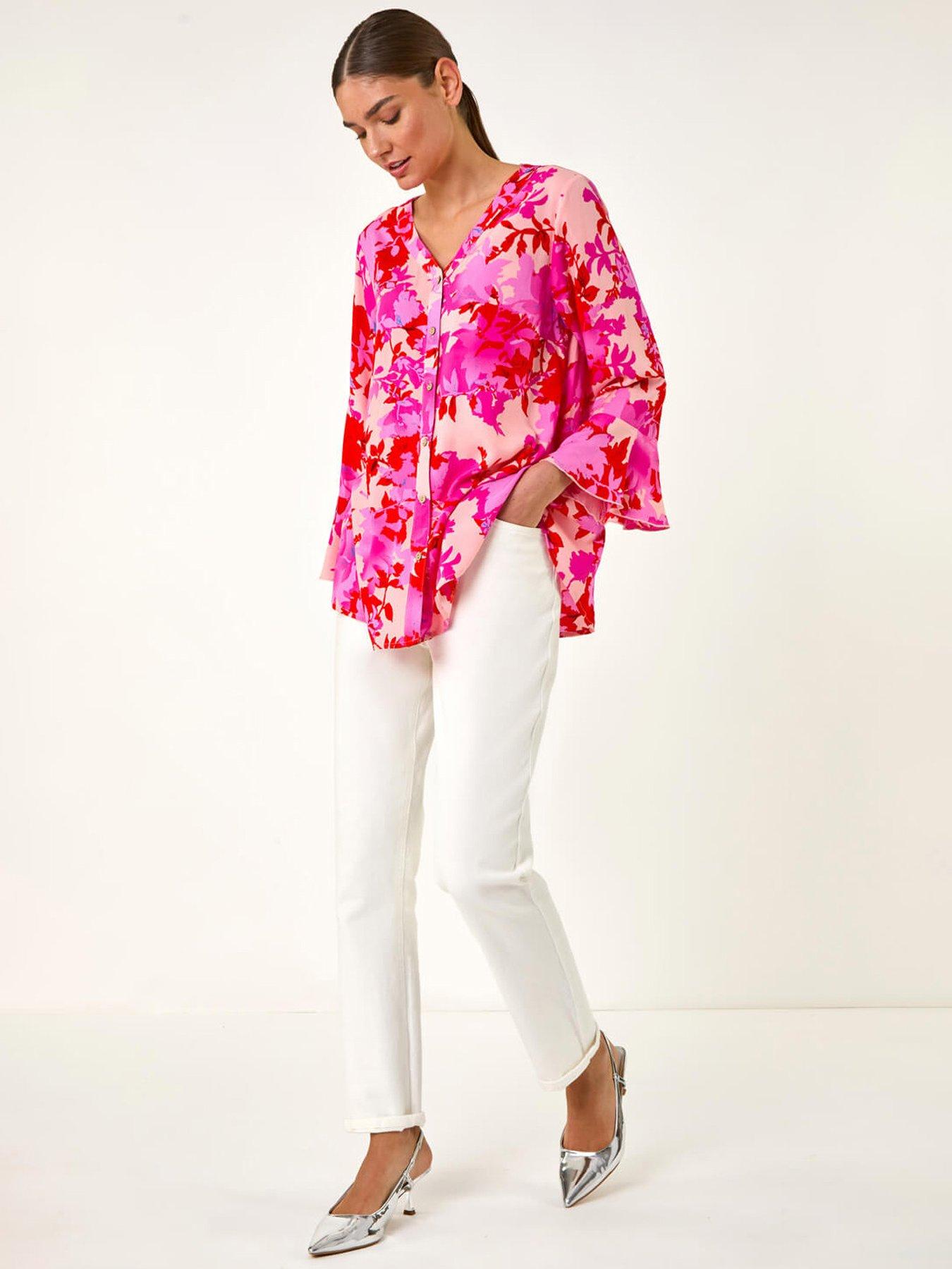  image of roman-floral-print-flare-sleeve-blouse-pink