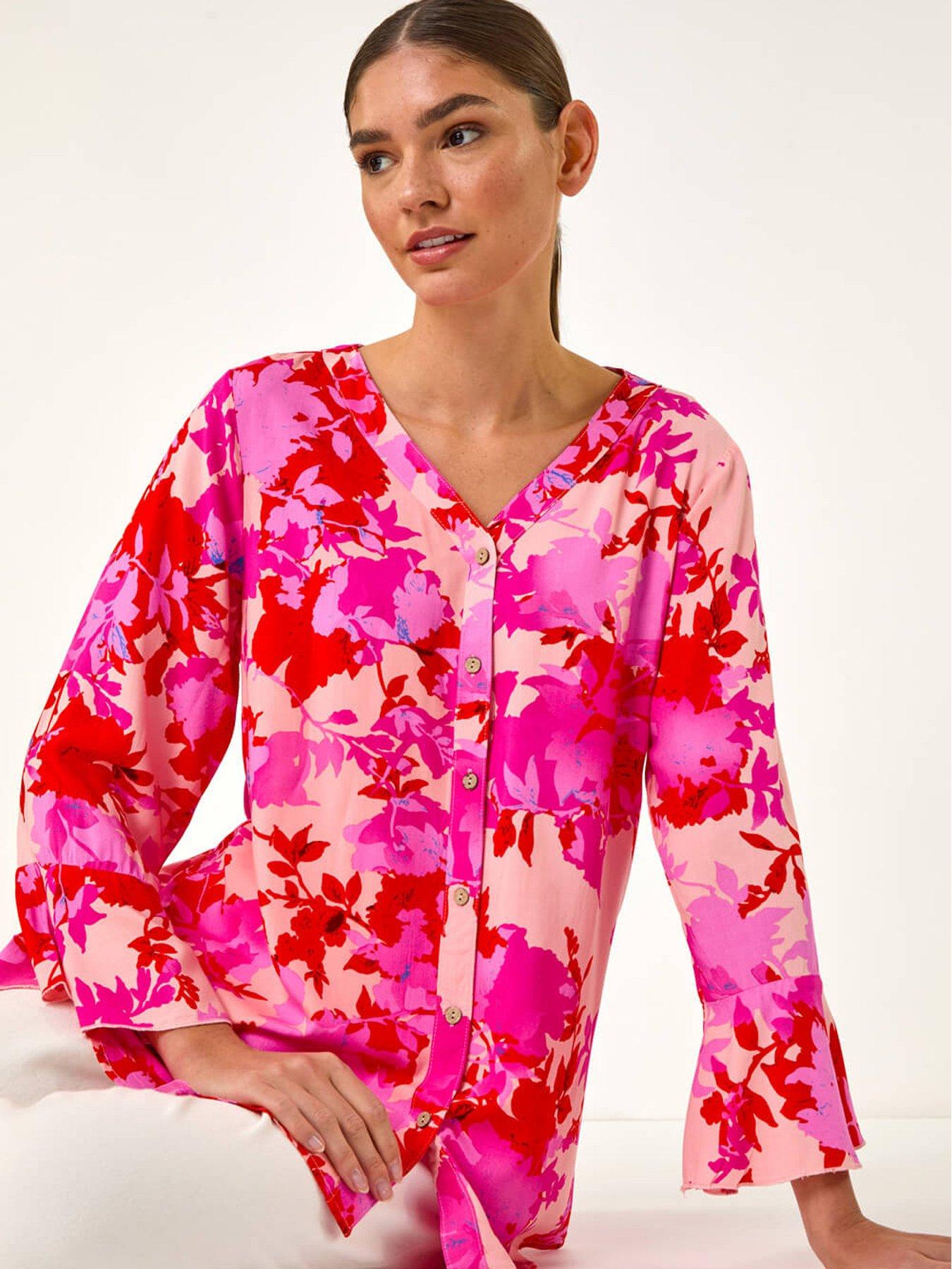  image of roman-floral-print-flare-sleeve-blouse-pink