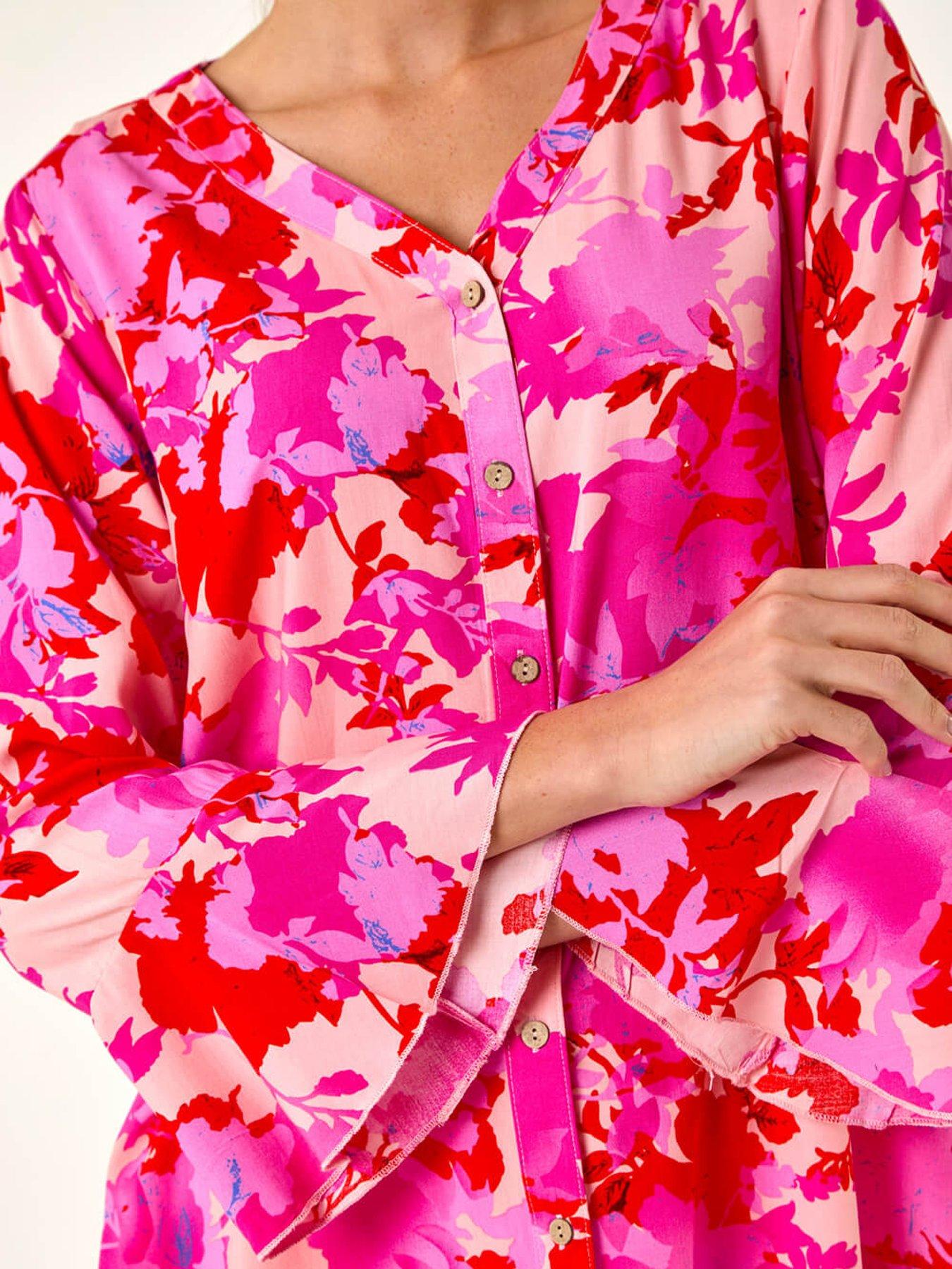  image of roman-floral-print-flare-sleeve-blouse-pink