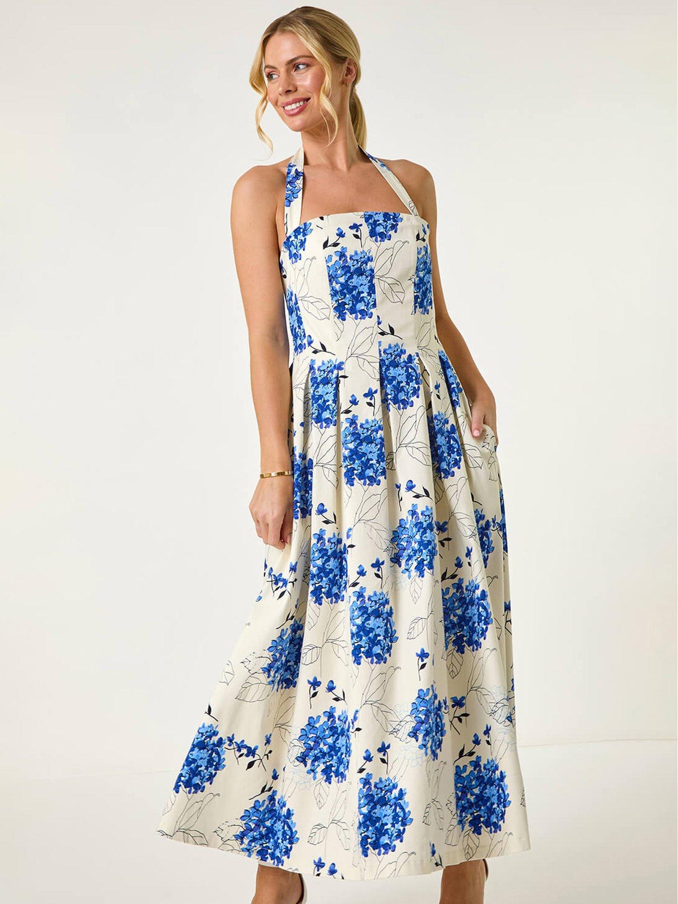 Roman Petite Floral Stretch Midi Dress - Blue