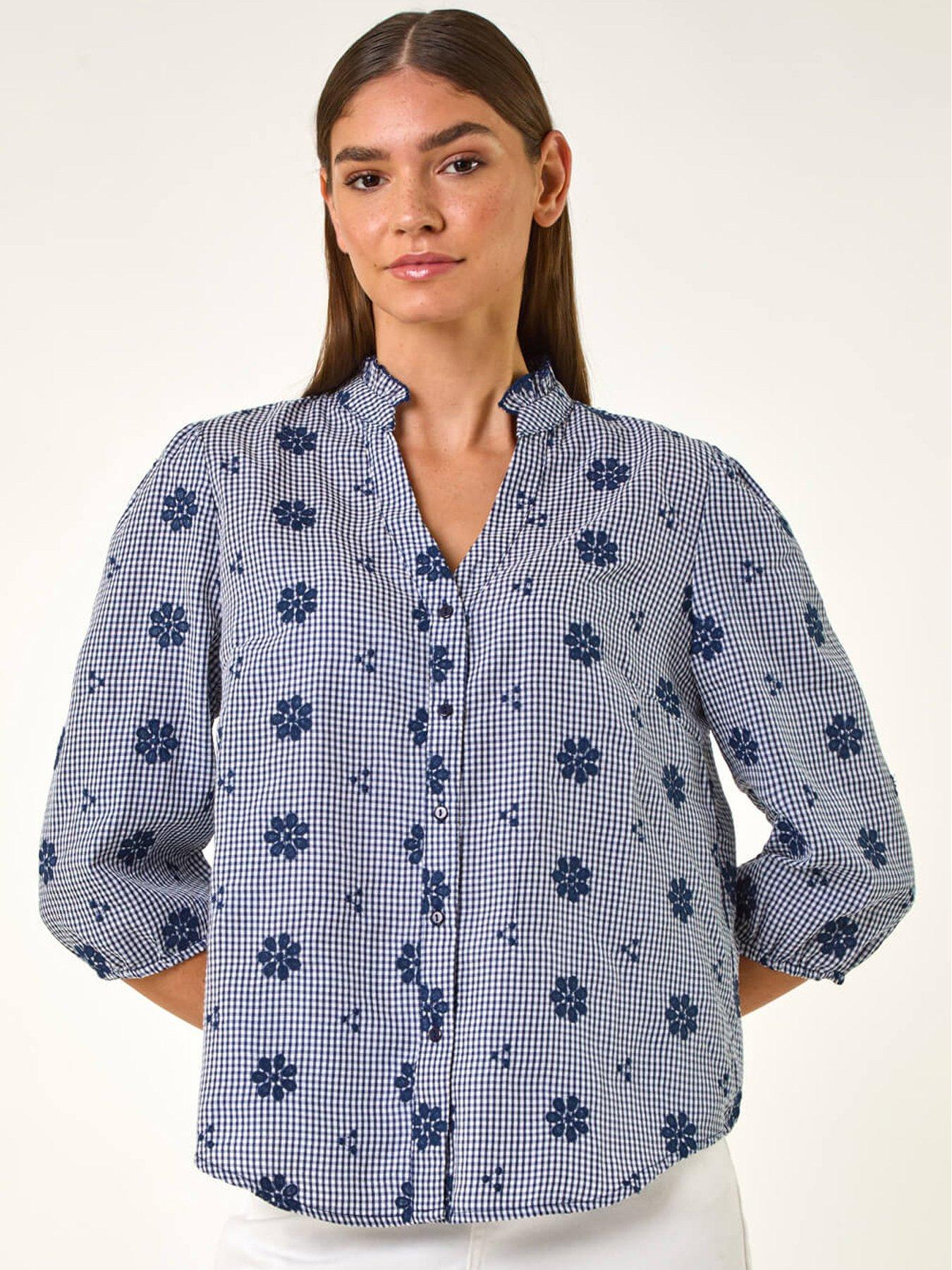undefined Floral Embroidered V-neck Blouse - Navy
