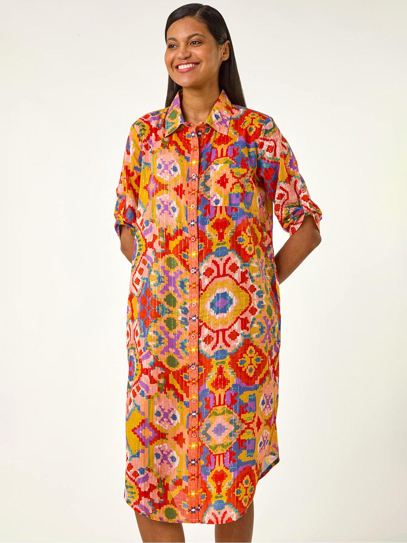 undefined Ikat Button Shirt Dress - Orange