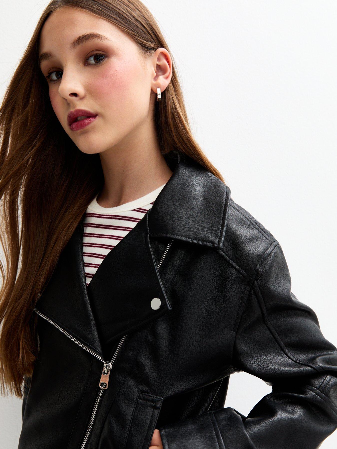 Image 4 of 5 of New Look 915 Girls Faux Leather Biker Jacket - Black