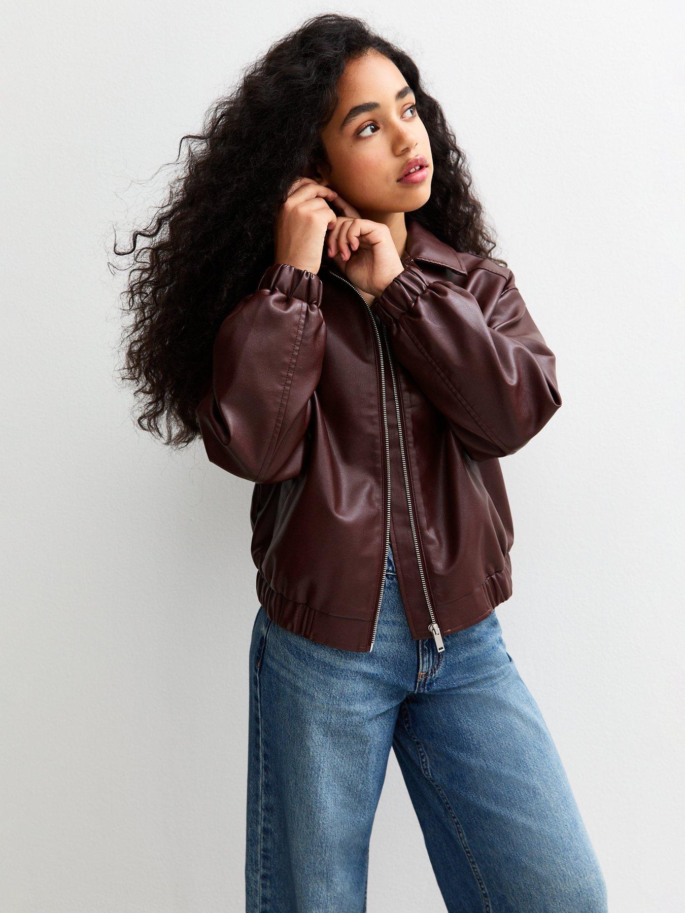 undefined Girls Faux Leather Bomber Jacket - Dark Red