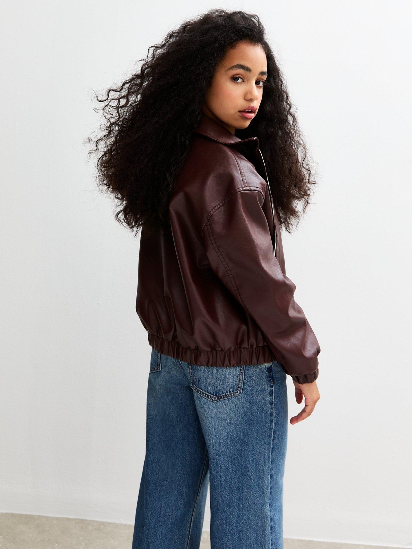 Image 3 of 6 of New Look 915 Girls&nbsp;Faux Leather Bomber Jacket - Dark Red